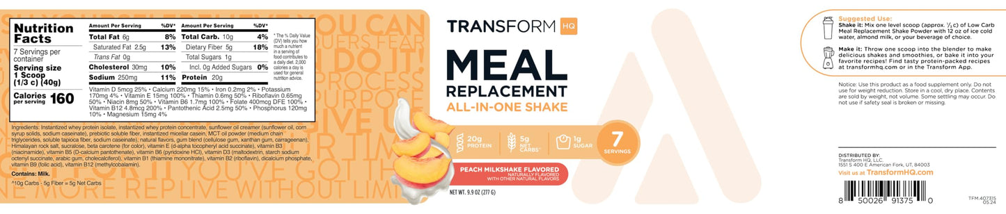TransformHQ Meal Replacement Shake Powder - Peach Milkshake Flavor, Gluten Free, 7 Servings
