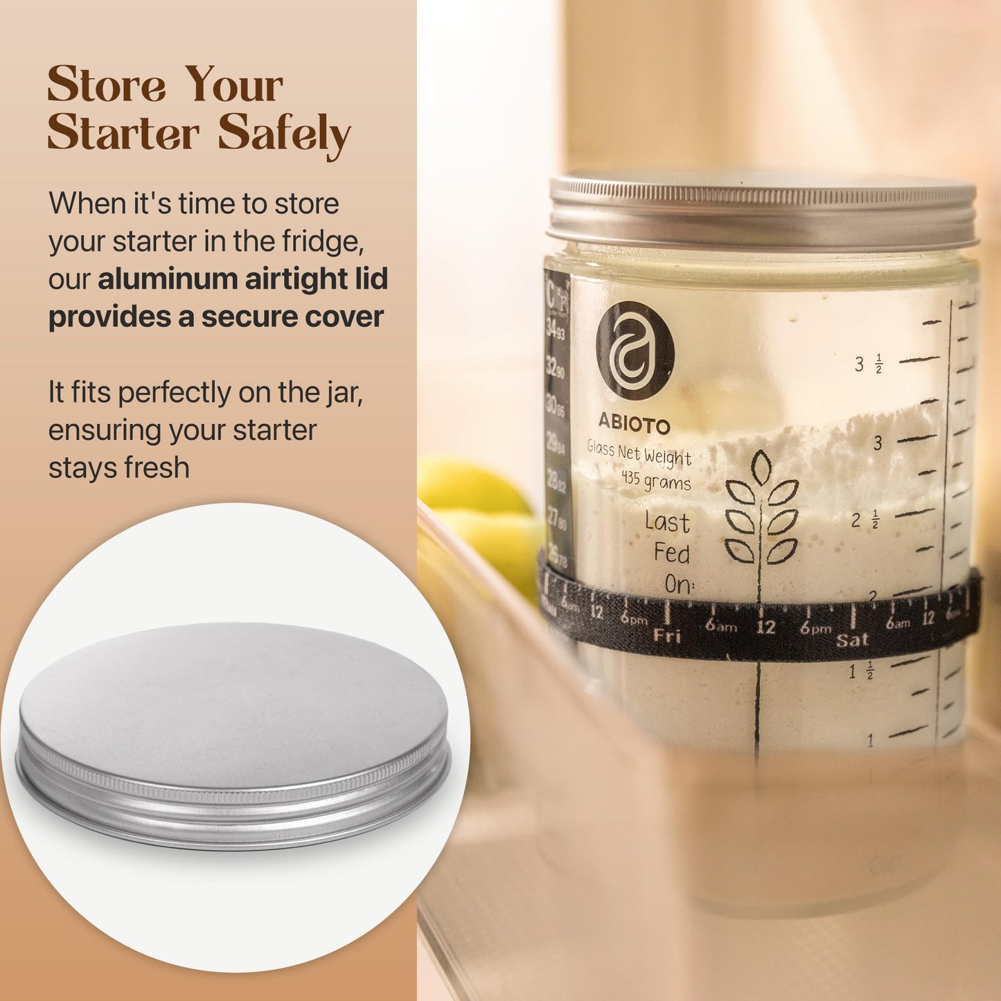 ABIOTO Sourdough Starter Jar Kit  Includes 34 oz Sourdough Starter Jar with Metallic Lid  Silicone Spatula  Feeding Tracker  Extra Thermometer Strips & Breathable Covers - Sourdough Bread Starter Kit