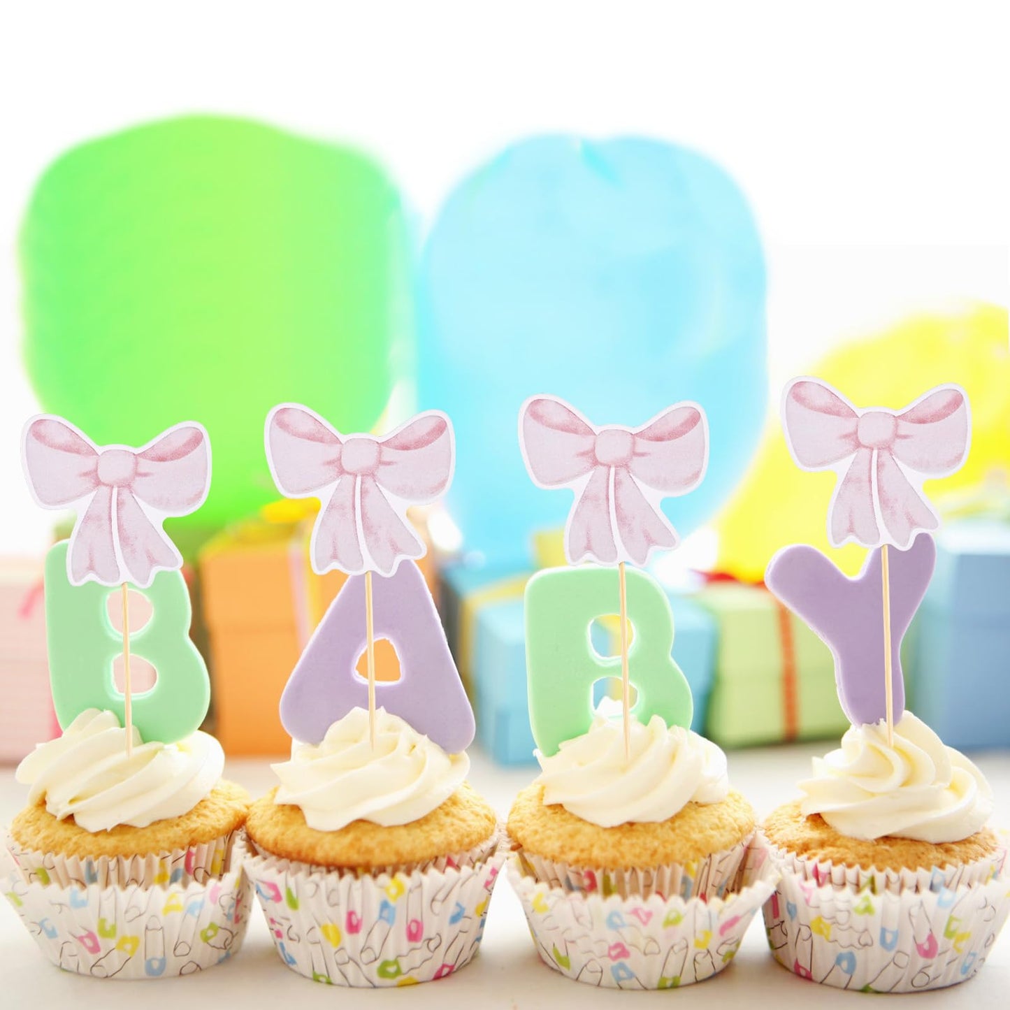 PEUTIER 24pcs Bow Cupcake Toppers, Pink Paper Decorations for Birthday, Wedding, Bachelorette Party, Model 13105