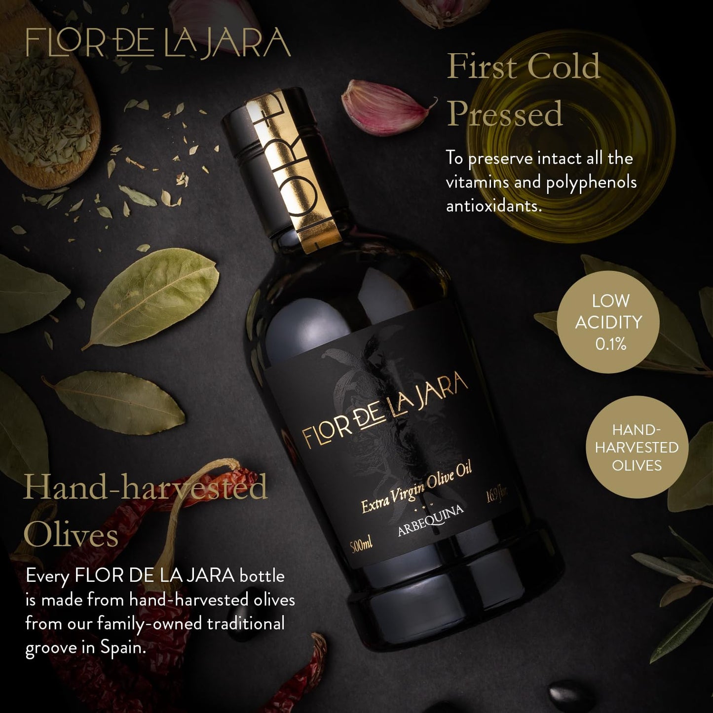FLOR DE LA JARA Premium Extra Virgin Olive Oil, First Cold Pressed, Monovarietal Arbequina, 500 ml, Low Acidity (0.1%)