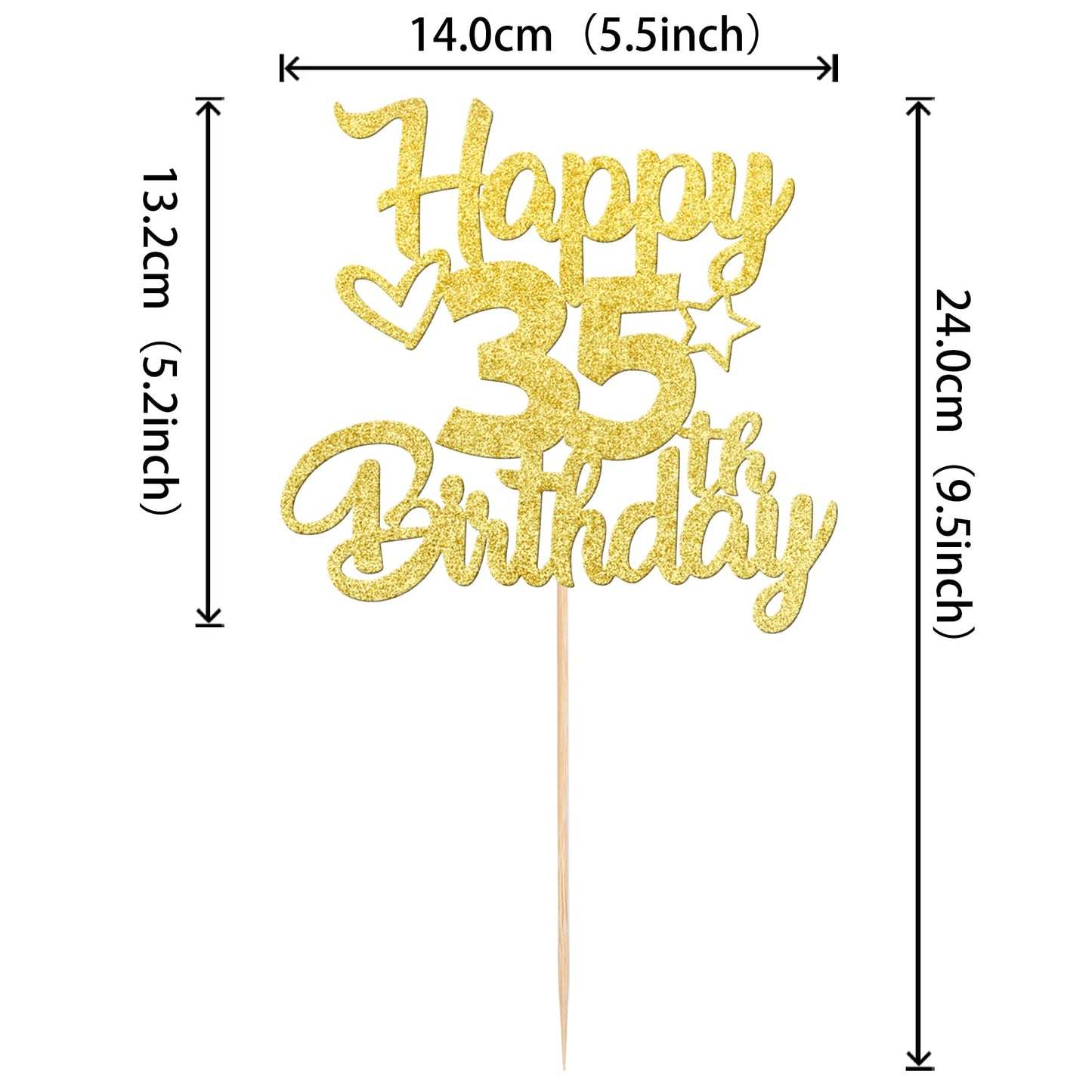 YCTHUNFISH 35th Birthday Cake Topper Glitter Heart Star Gold Bamboo Decoration