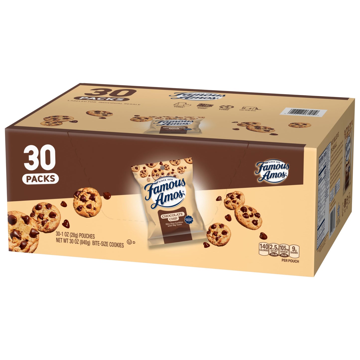 Famous Amos Original Recipe Chocolate Chip Cookies, 30 oz, Bite-Size, 30 Pack Box - Perfect Snack for Any Occasion