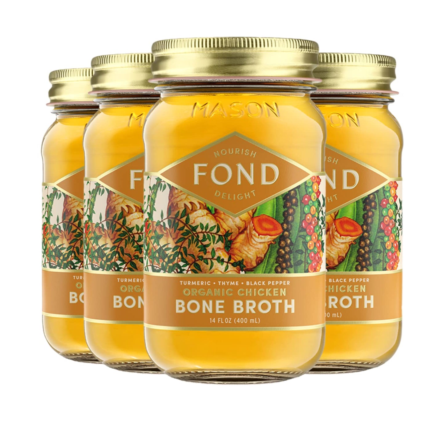 FOND Regenerative Pasture-Raised Chicken Bone Broth Infused with Organic Turmeric & Black Pepper - Slow-Simmered Chicken Broth f