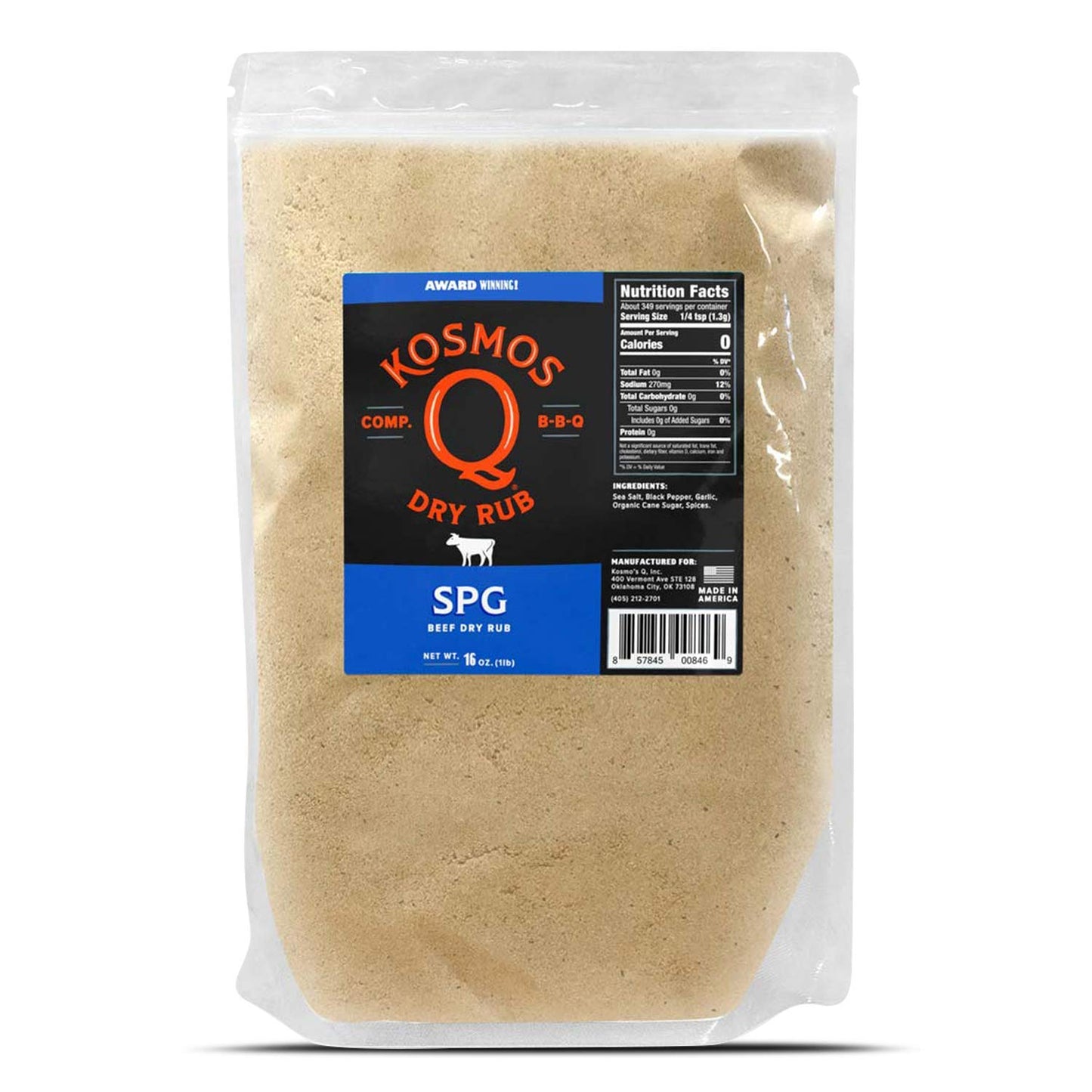 Kosmos Q SPG Seasoning - Savory Salt Pepper Garlic Rub - All-Natural Spice Shaker - 16 oz