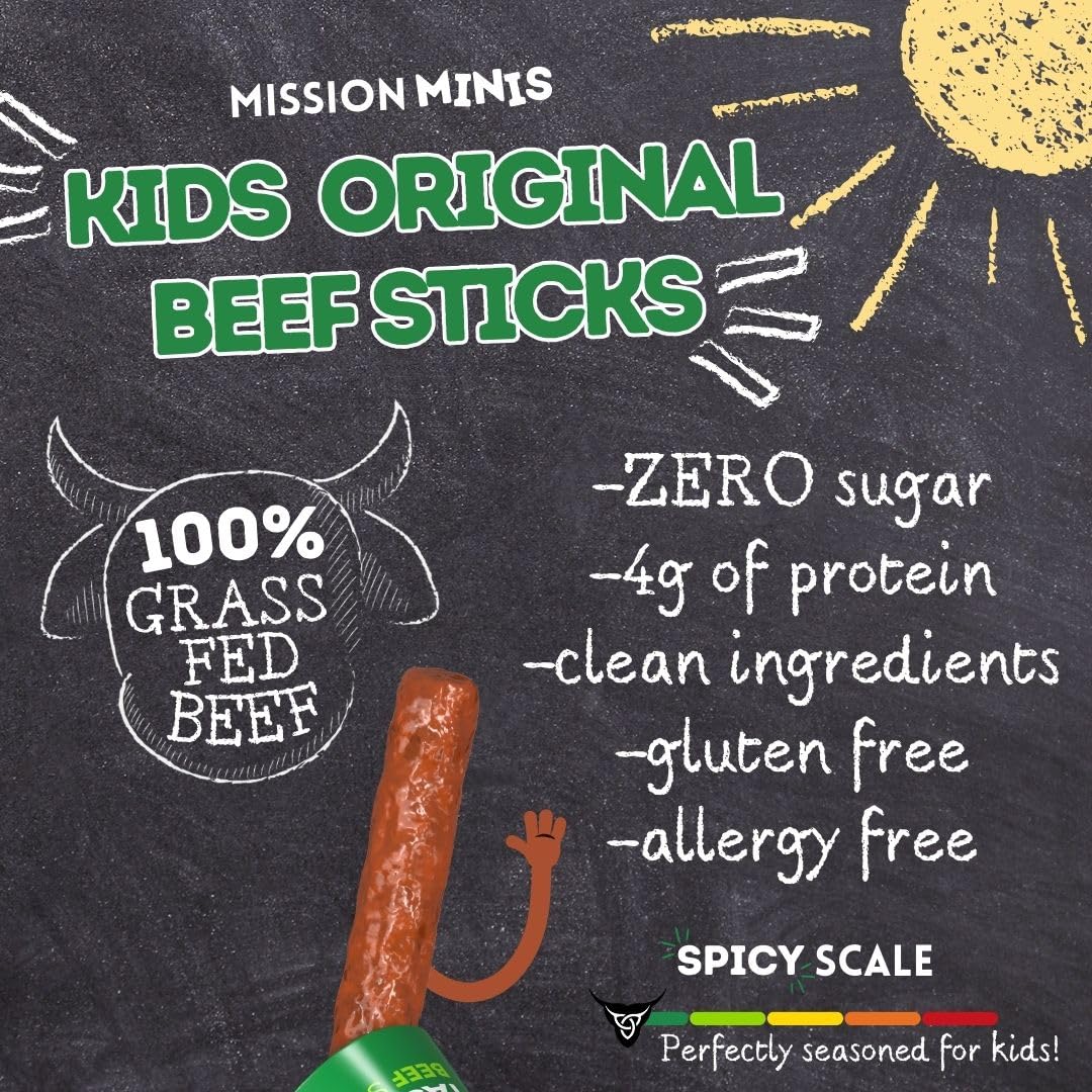 Mission Meats Kids Mini Beef Sticks - 100% Grass Fed Beef Sticks, Toddler Snacks, Healthy Snacks For Kids, Kids Meat Sticks, Pal