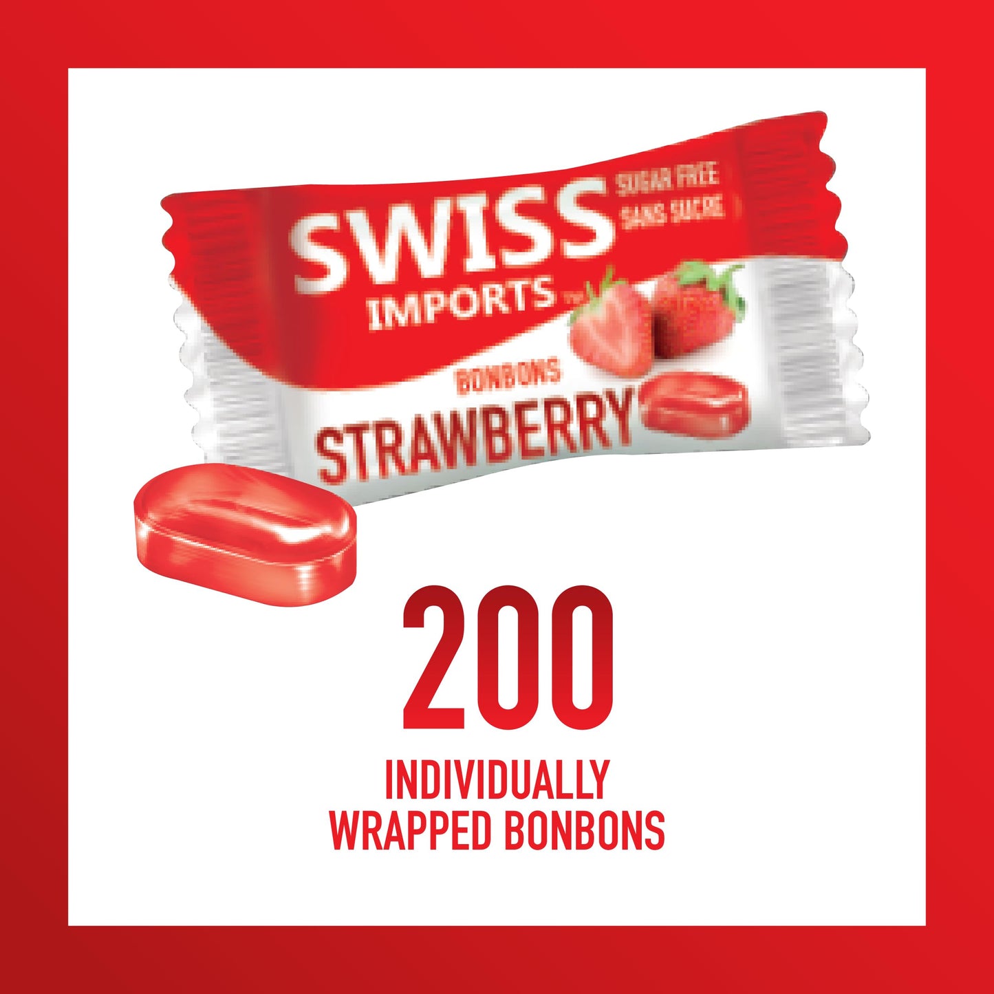 Swiss Imports Sugar Free Bonbons Hard Candy Drops Bocca Box, Strawberry, 200 Individually Wrapped Pieces, 500G/17.6Oz