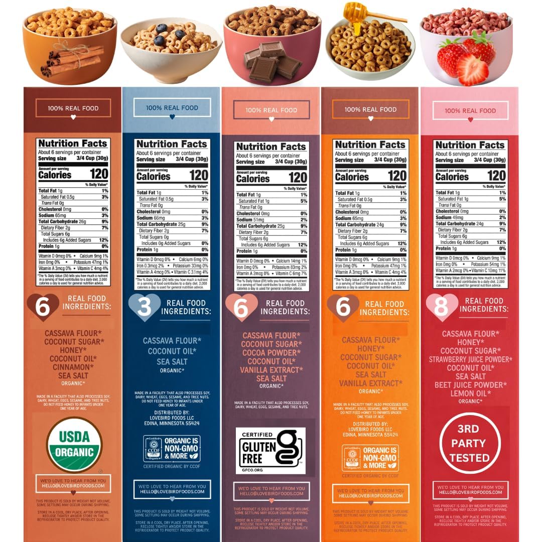 Lovebird Organic Cereal - Gluten Free, No Refined Sugar, Paleo & Keto Friendly, 0.48 oz (Pack of 5)