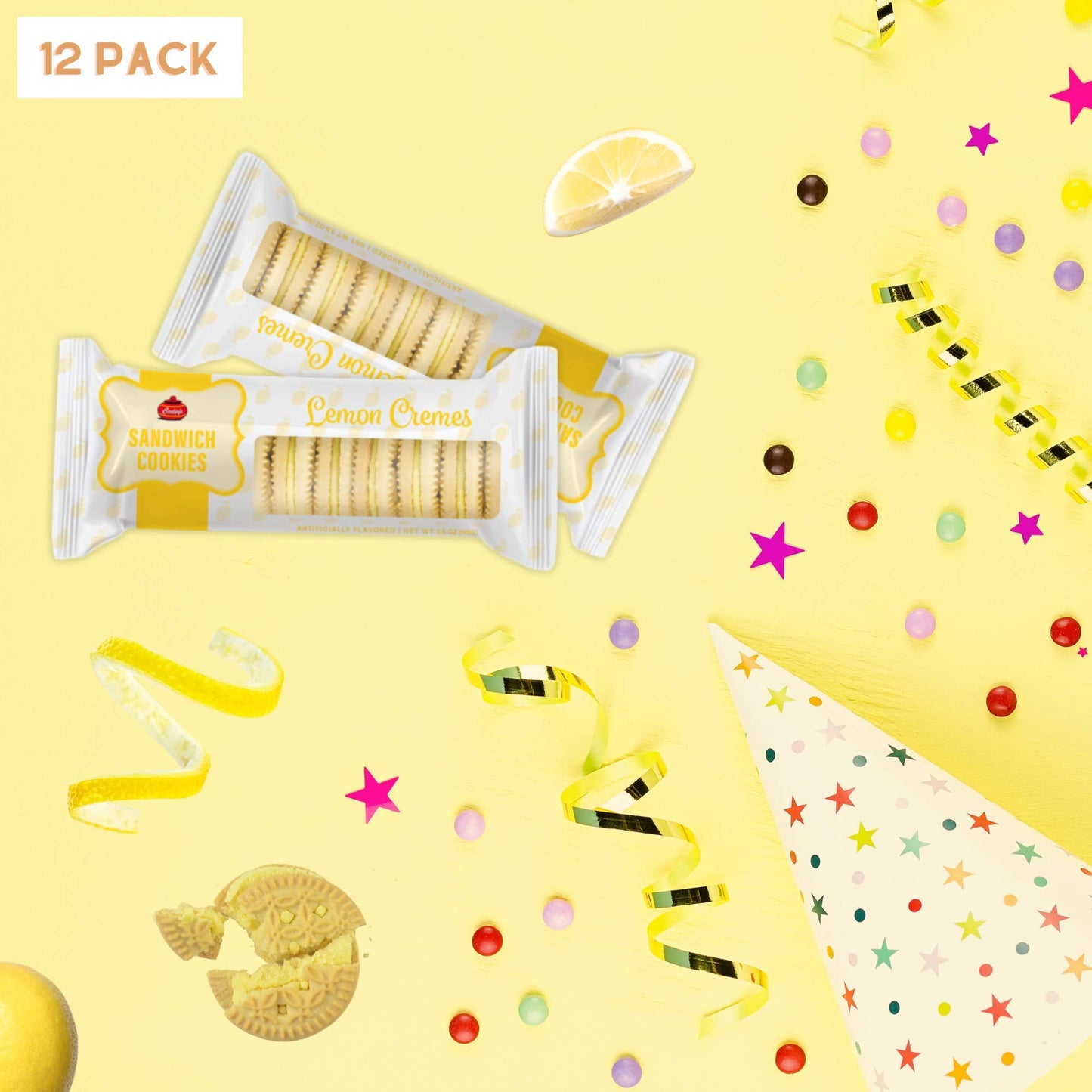 Carleys Sandwich Cookies, Lemon Creme, Perfect Lunch Box Or On-The-Go Snacks, Dessert Sweets, Snack Food Gifts, Kosher Certified, Sweet  , Nut-Free, 3.5 Oz Snack Packs, Pack Of 12