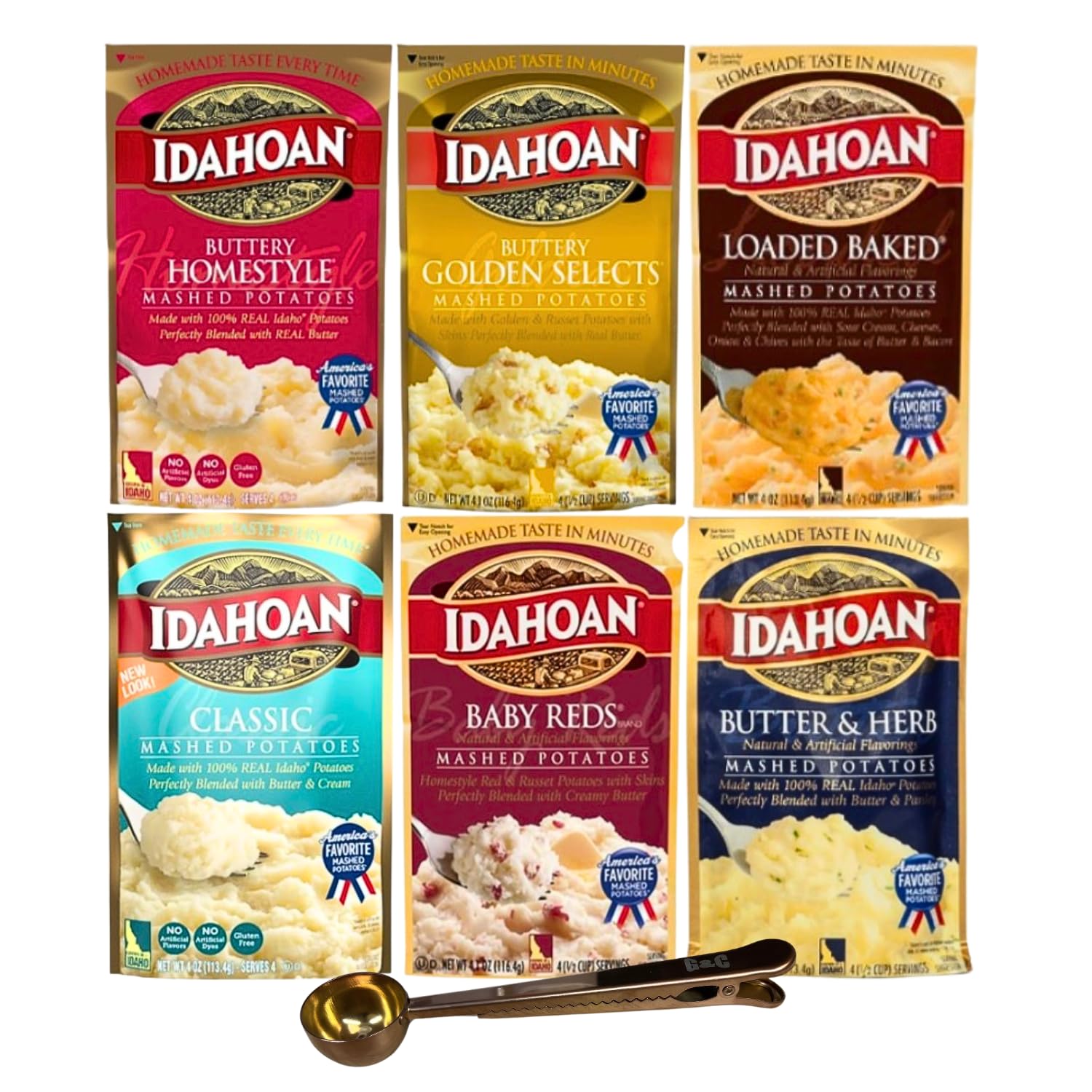 VECOSAS Idahoan Mashed Potatoes Variety Pack, 6 Differentes flavors (4 OZ Each) Bundled VECOSAS All-in-One Spoon Bag Clip