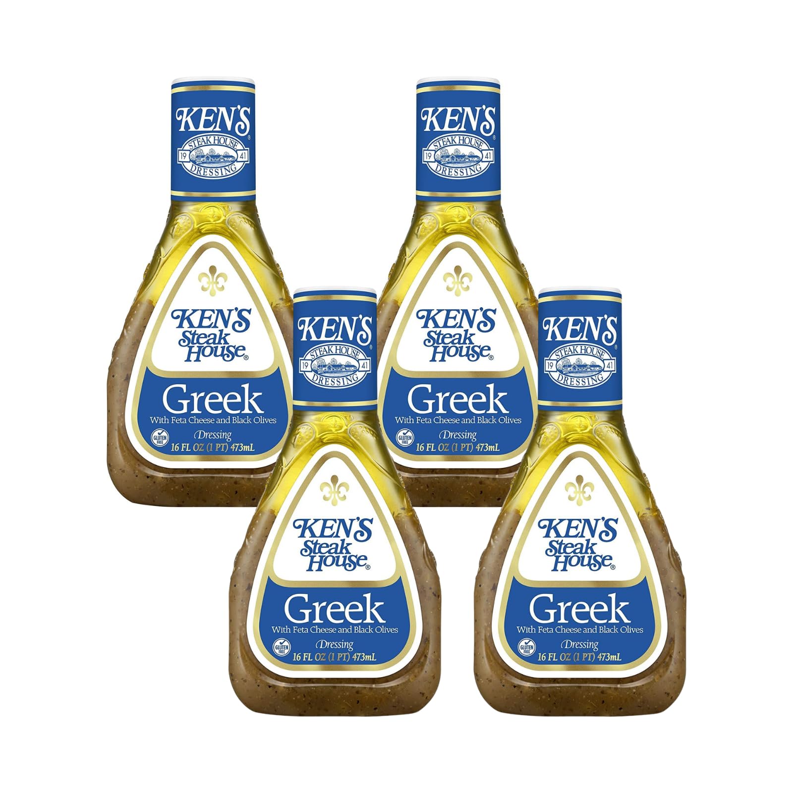 Kens Steakhouse Greek Dressing with Feta Cheese & Black Olives, Gluten Free, 16 Fl Oz (Pack of 4)