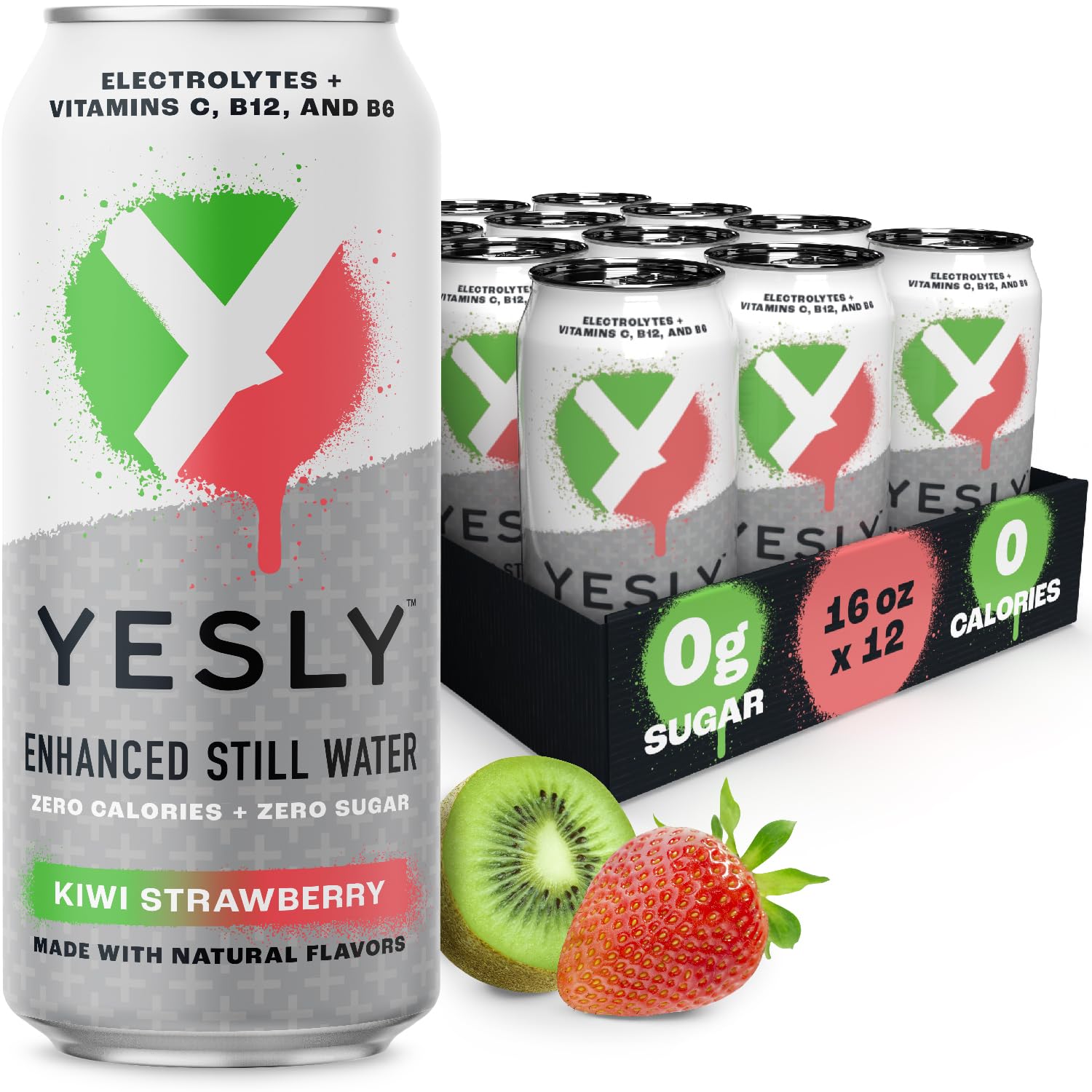 Yesly Functional Water, Kiwi Strawberry, Naturally Flavored, 16 Fl Oz Cans, Pack of 12, Zero Sugar, No Artificial Sweeteners