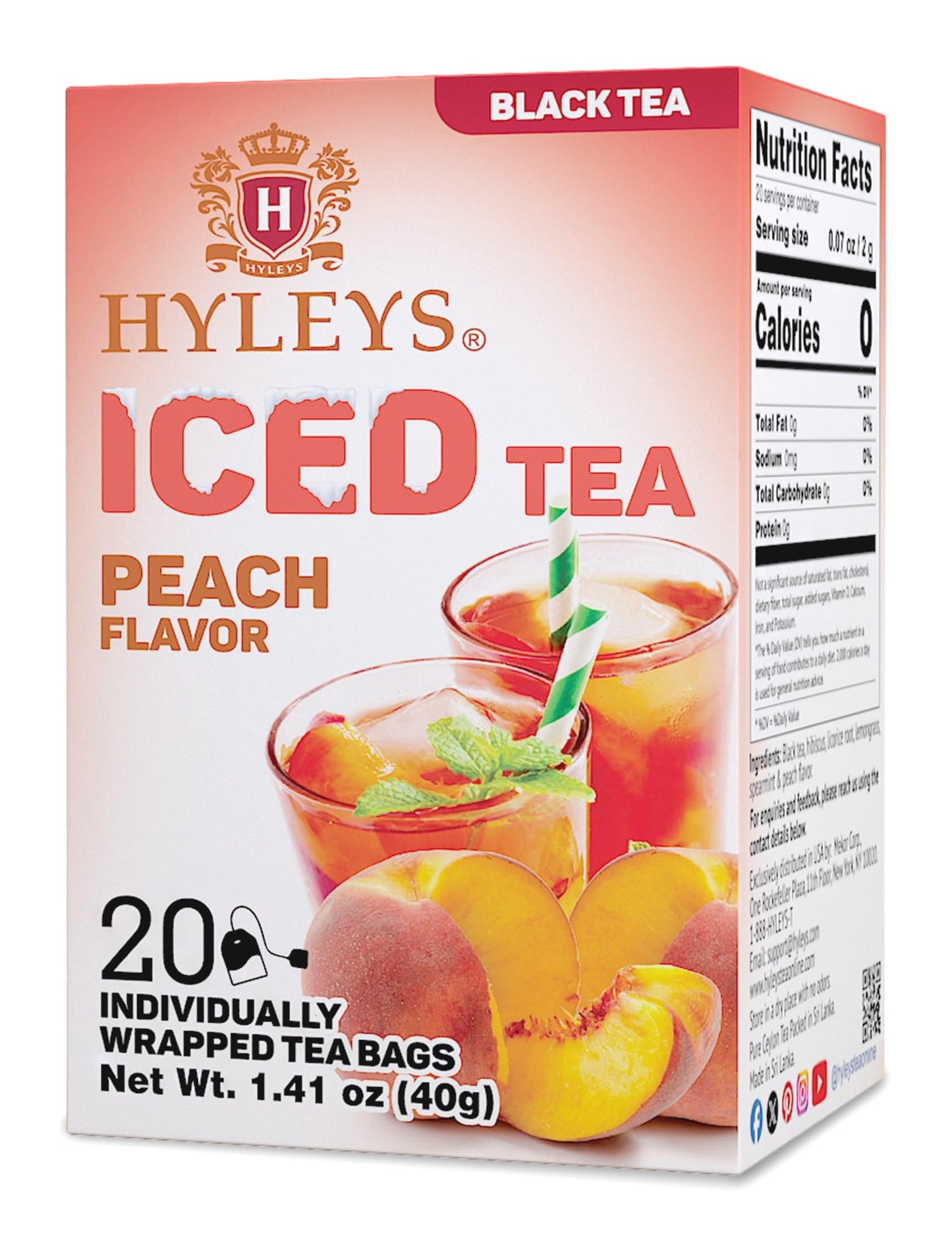 HYLEYS Iced Black Tea with Peach Flavor - 20 Tea Bags, 1 Pack (20 Count)