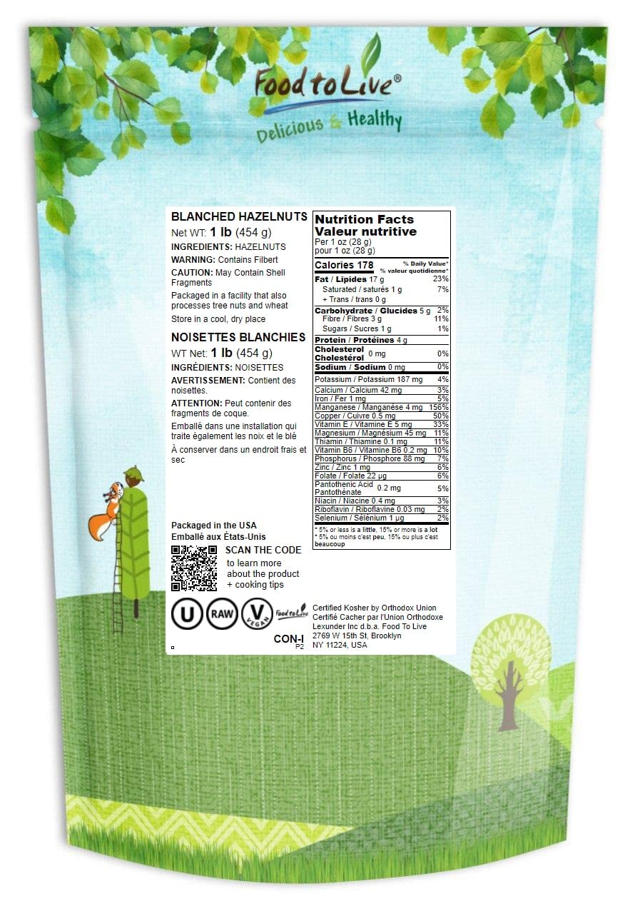 Food To Live Blanched Hazelnuts, 1 Pound Raw Whole Filberts, No Skin, Unsalted, Unroasted Nuts, Vegan, Kosher. Keto. Good Source Of Vitamins And Protein. Great For Baking, Granola & Butter Making