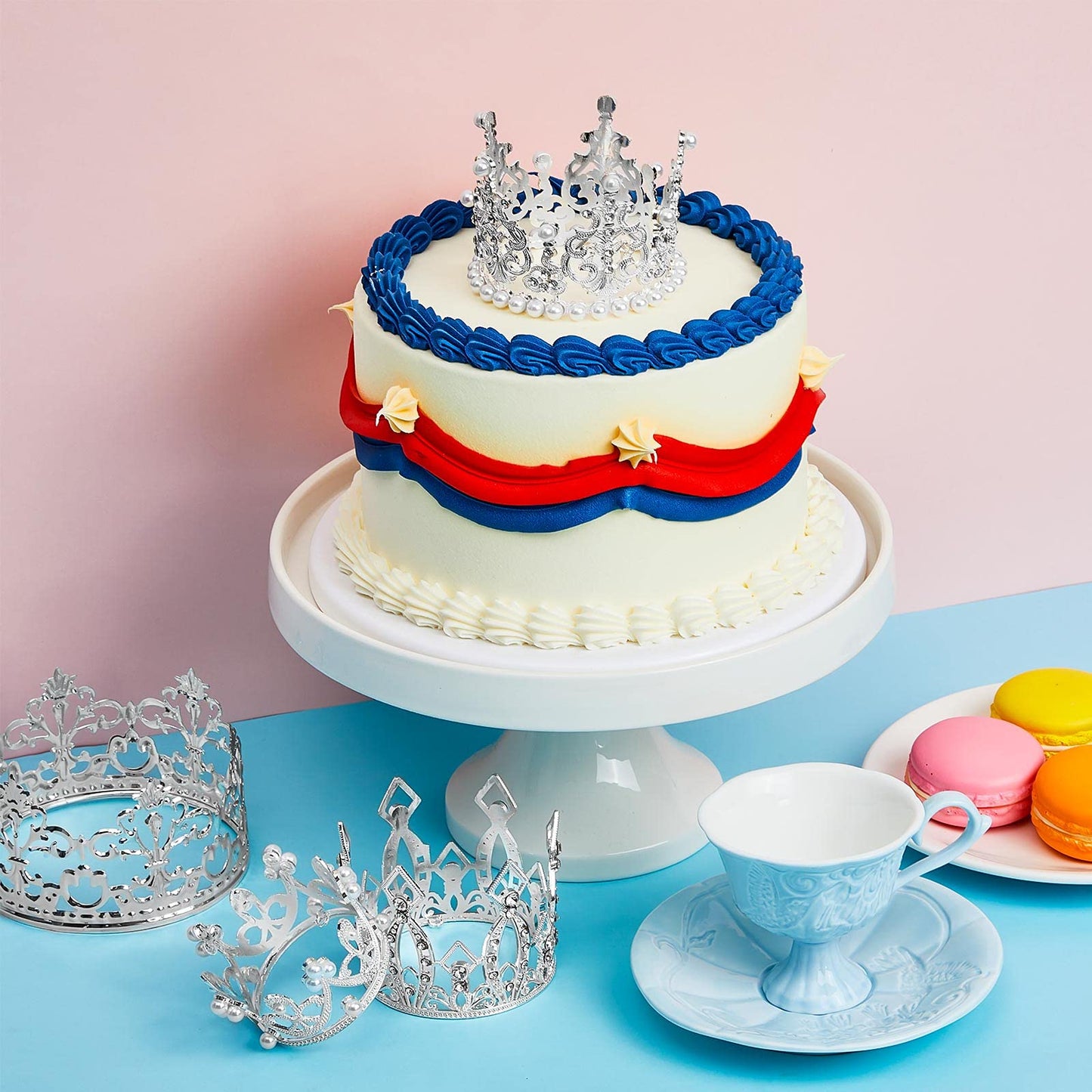 4 Pieces Silver Crown Cake Topper Birthday Mini Flower Bouquet Crown Cupcake Toppers Crystal Pearl Tiara Wedding Crown Cake Top