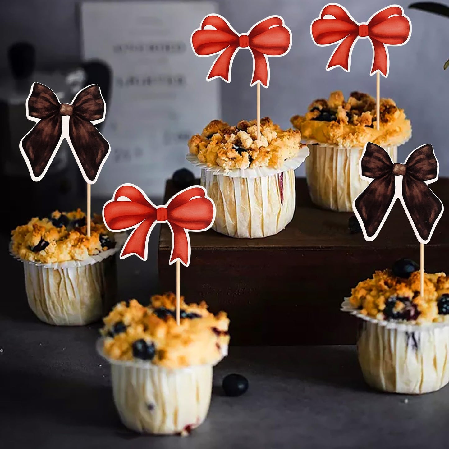 24 Pack Bow Cupcake Toppers Red Black Bowknot Cupcake Picks Bridal Shower Baby Shower Girls Theme Cake Dessert Picks Decoration