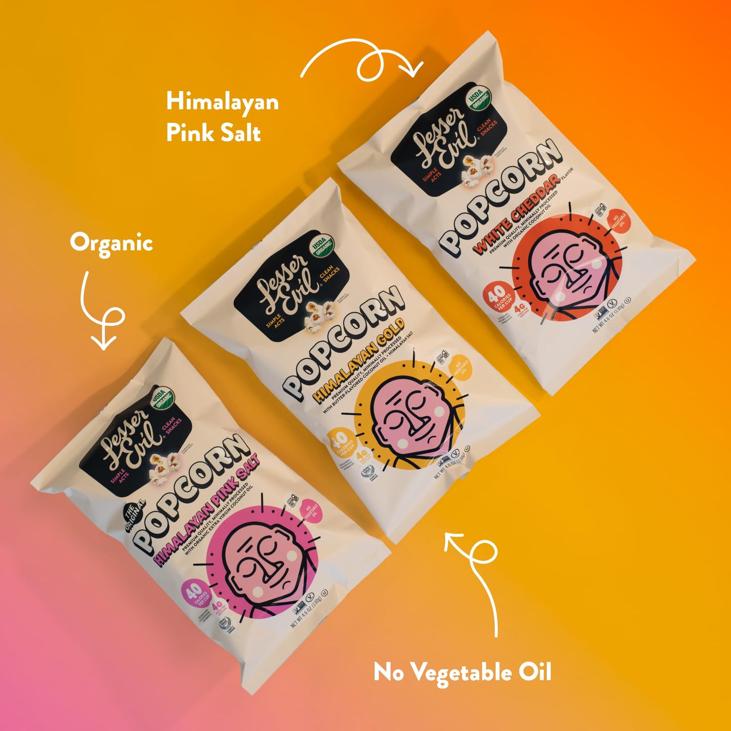 Lesserevil Organic Popcorn Variety Pack, Himalayan Pink Salt (4.6 Oz Bag), Himalayan Gold (4.6 Oz Bag), And White Cheddar Flavor