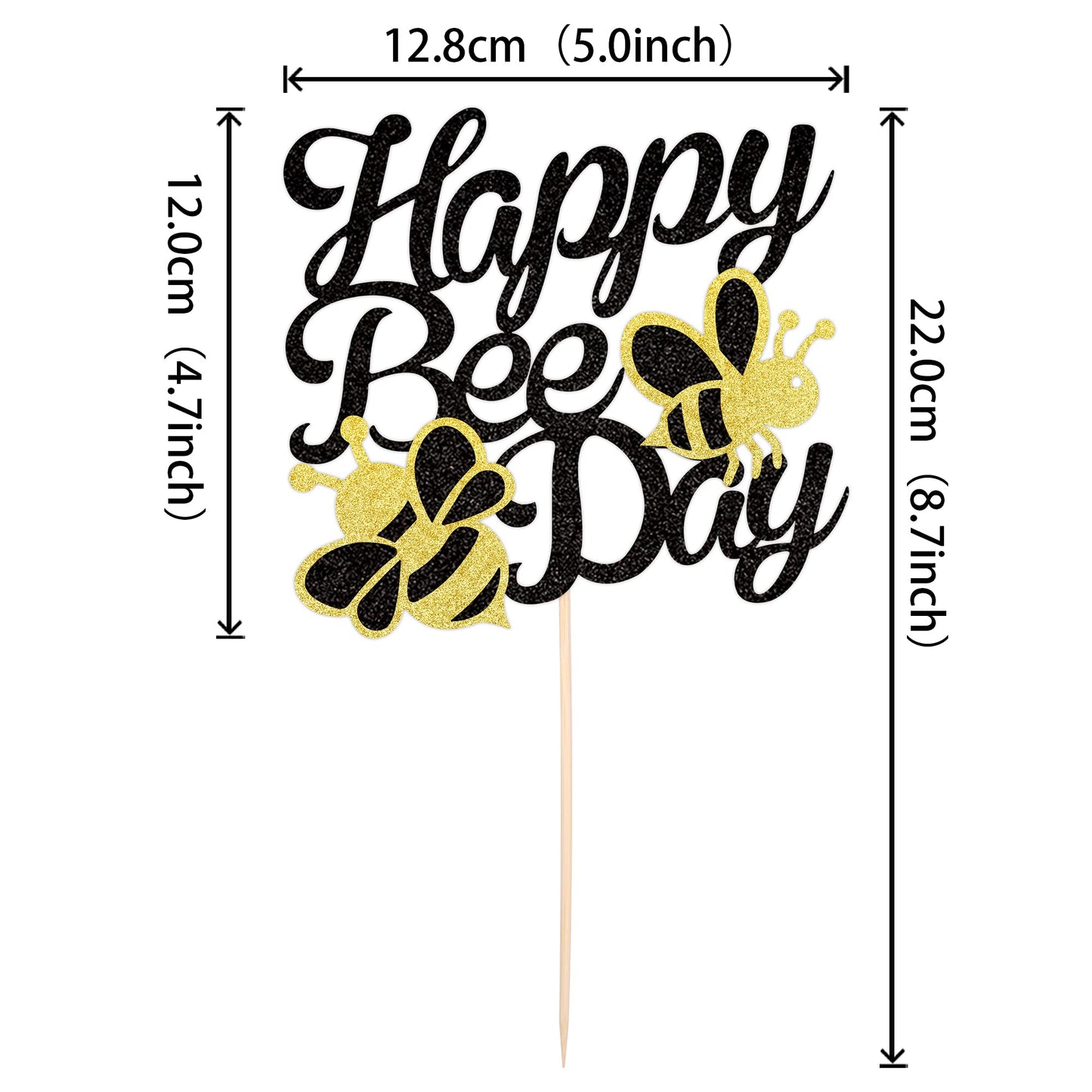 ZHUOWEISM Happy Bee Day Cake Topper - Black Glitter Bumble Bee Theme - Small Size - Card Stock and Bamboo