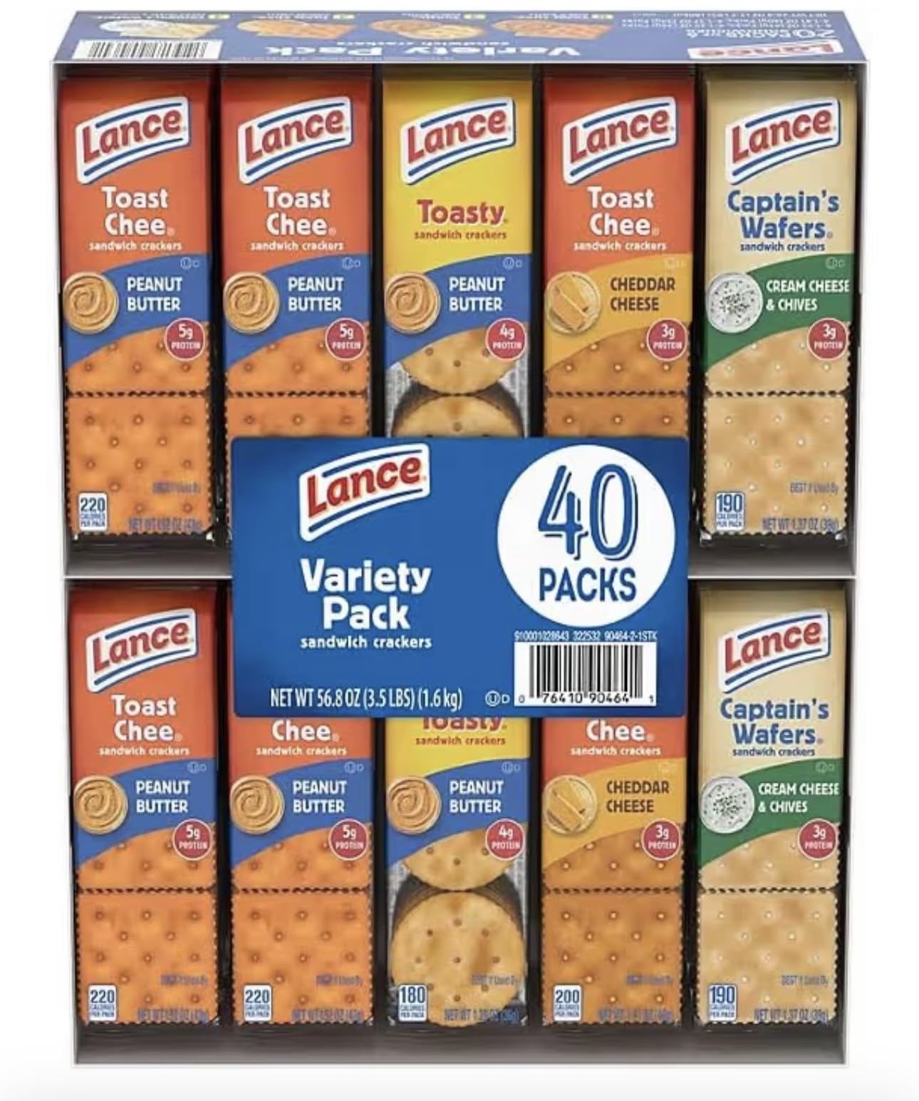 Lance Variety Pack Sandwich Crackers, 40 pk. Peanut Butter, Cheddar Cheese, Cream Cheese and Chives.