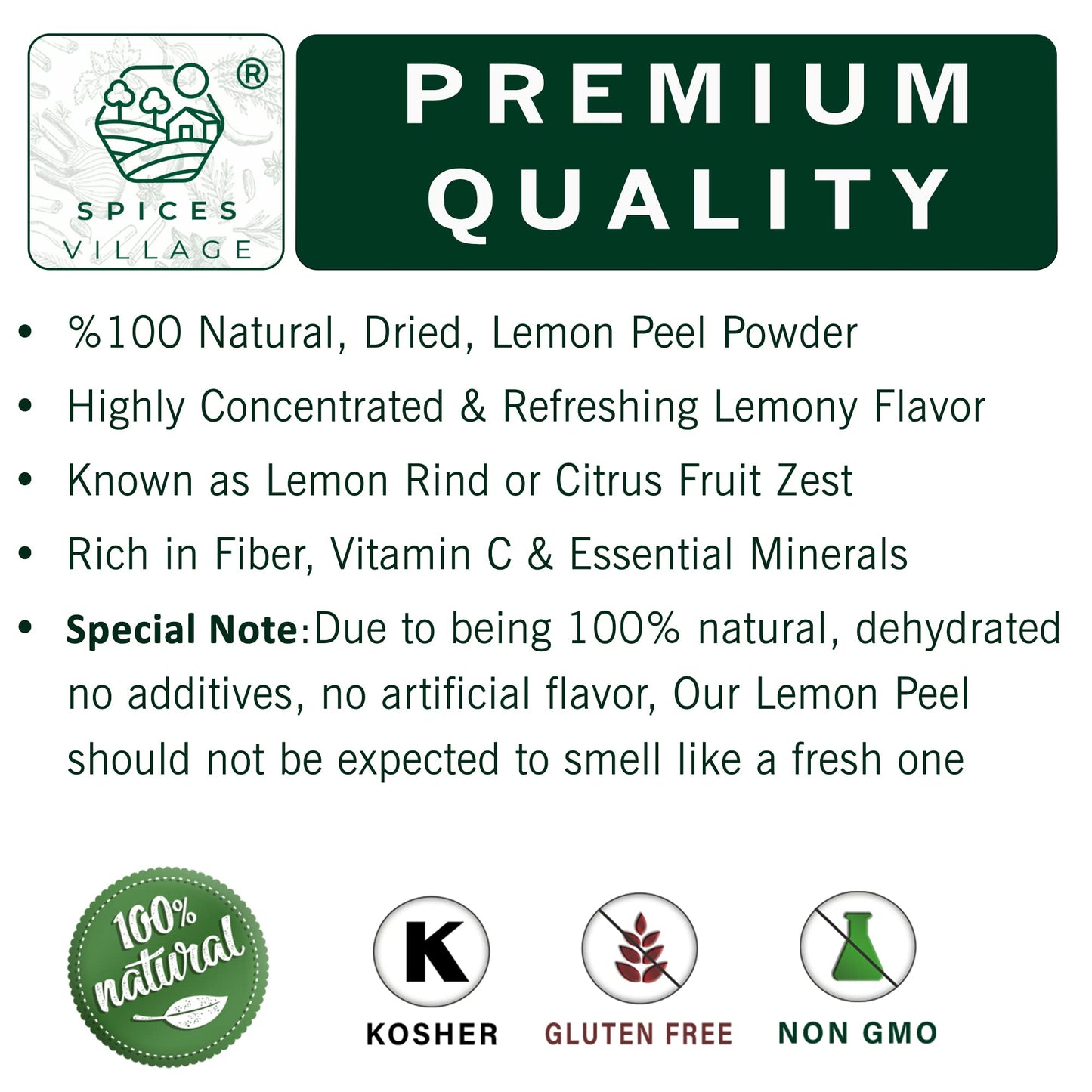 Spices Village Lemon Peel Powder - Natural Dried Citrus Zest, 4 Oz, Gluten Free, Non GMO, Vegan, Resealable Bag, Yellow