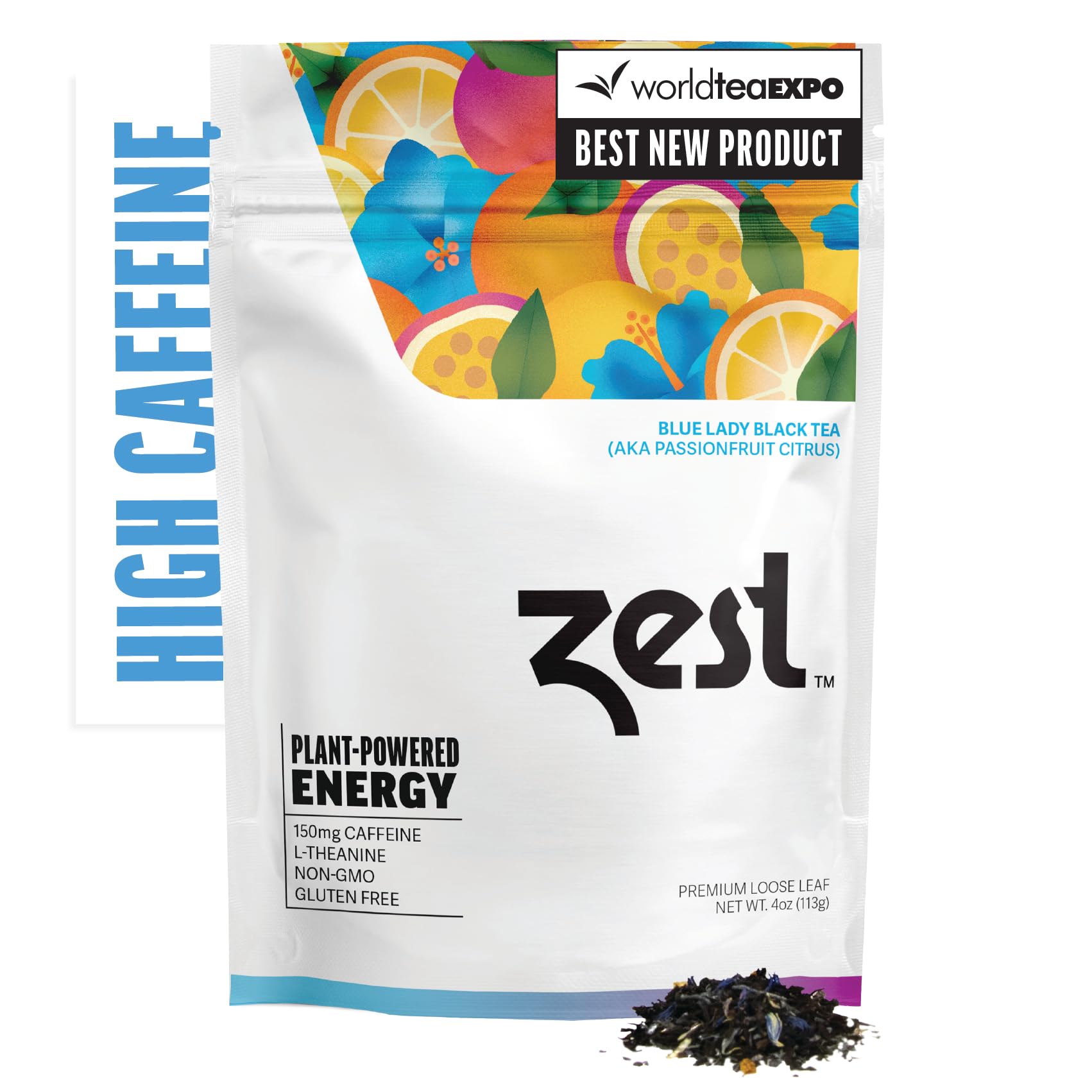 ZEST TEA Blue Lady Black Tea Loose Leaf Blend, 150mg Caffeine, 4 Oz, All Natural Coffee Alternative