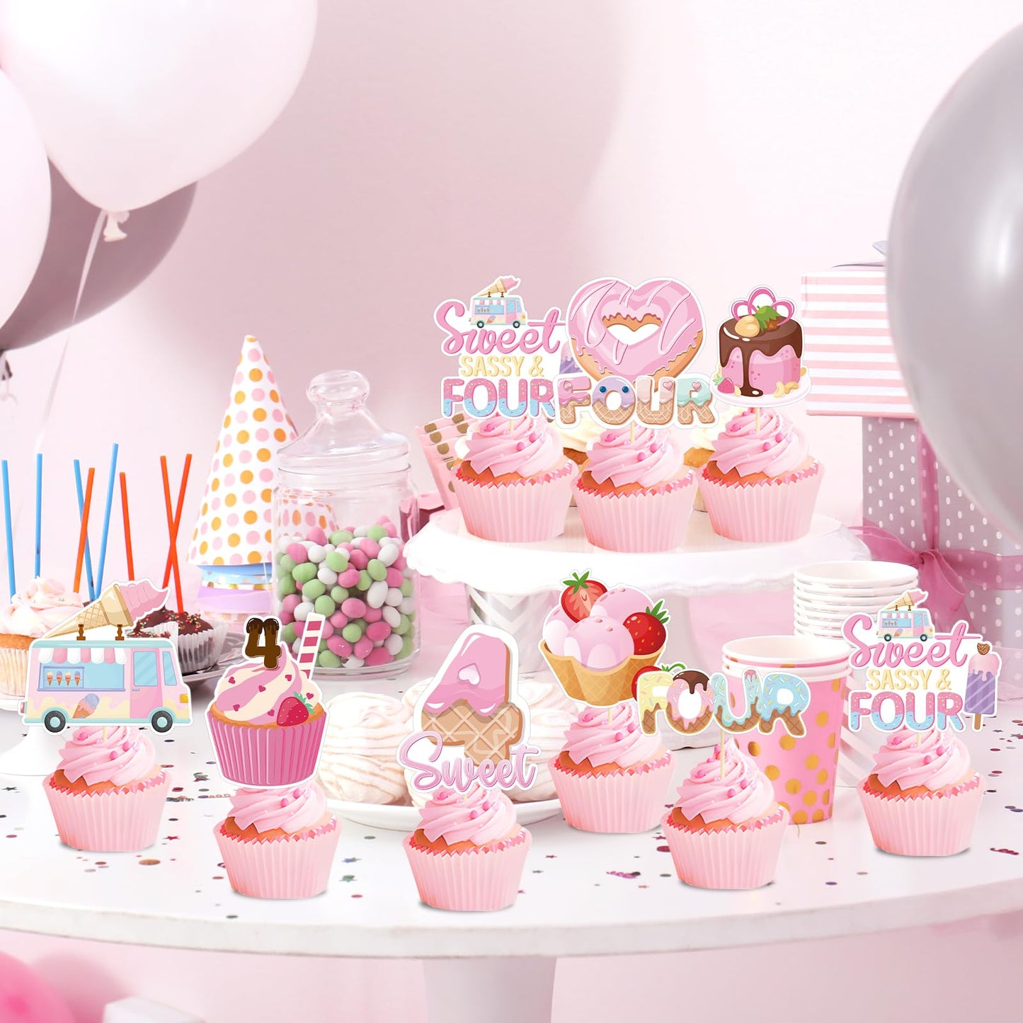 4Th Birthday Party Decorations Girl - Joybileefun 40Pcs Sweet Sassy And Four Ice Cream Party Decorations Cupcake Toppers Four Ev