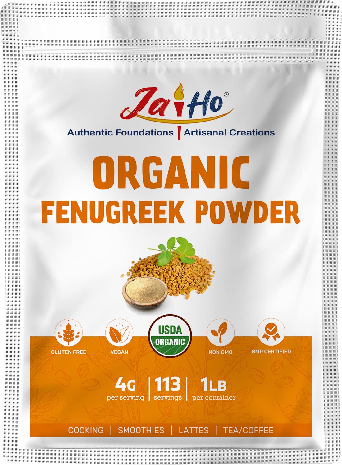 Jai Ho Certified Organic Fenugreek Powder - Gluten-Free, Vegan, Non-GMO - Resealable Zip Lock Pouch