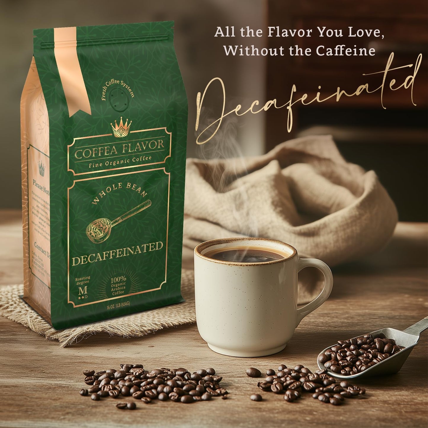 COFFEA FLAVOR FINE ORGANIC COFFEE Decaf Whole Bean Medium Roast 16 Oz USDA Organic Fair Trade