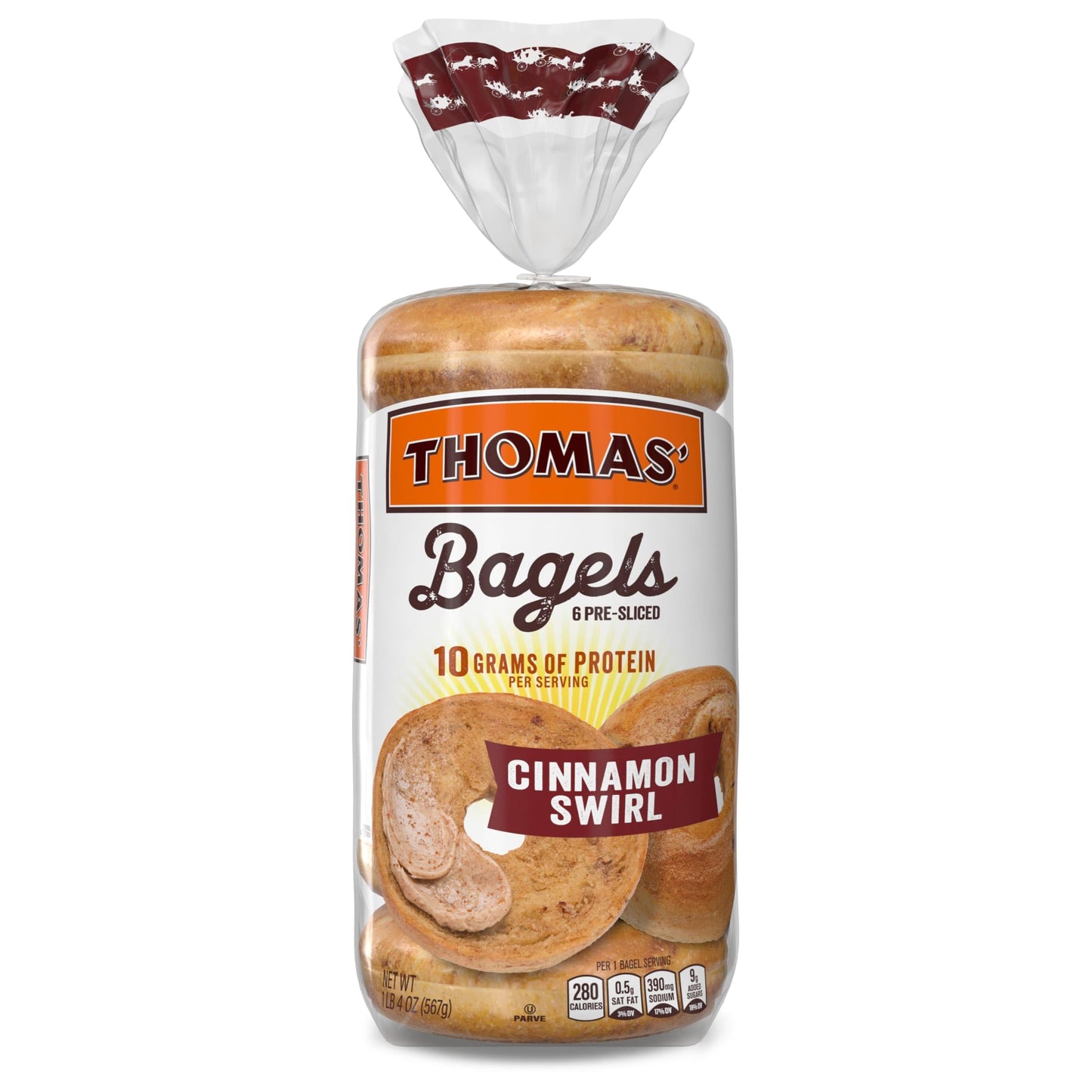 Thomas Cinnamon Swirl Bagels  6 count  (3.33 oz each)  10g Protein  Kosher Cinnamon Bagels  20 oz Bag