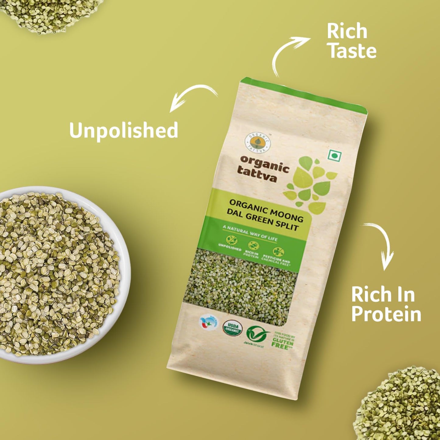 Organic Tattva, Organic Green Moong Dal Split - 500 Gram | 100% Vegan, Gluten Free And No Preservatives