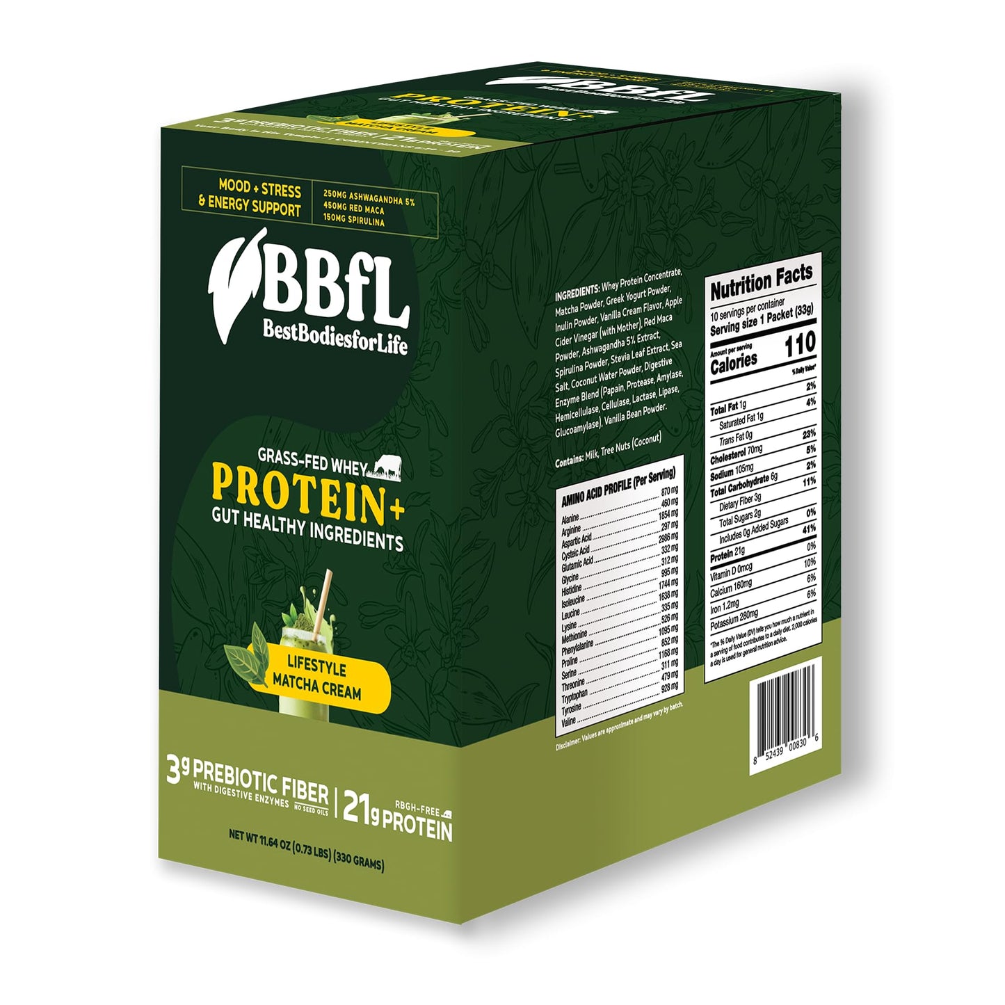BBfL Grass-Fed Whey Protein Shake, 21g Protein, Matcha + Apple Cider Vinegar, 11.64 Ounce, rBGH-Free, Prebiotics,