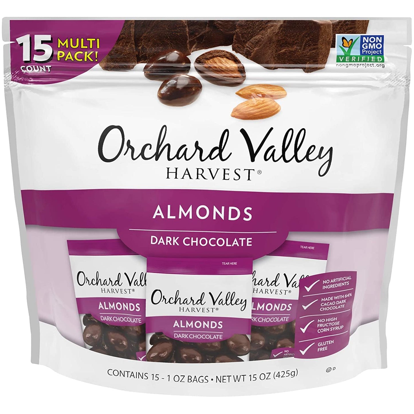 Orchard Valley Harvest Dark Chocolate Almonds, 1 Ounce Bags (Pack Of 15), Gluten Free, Non-Gmo, No Artificial Ingredients