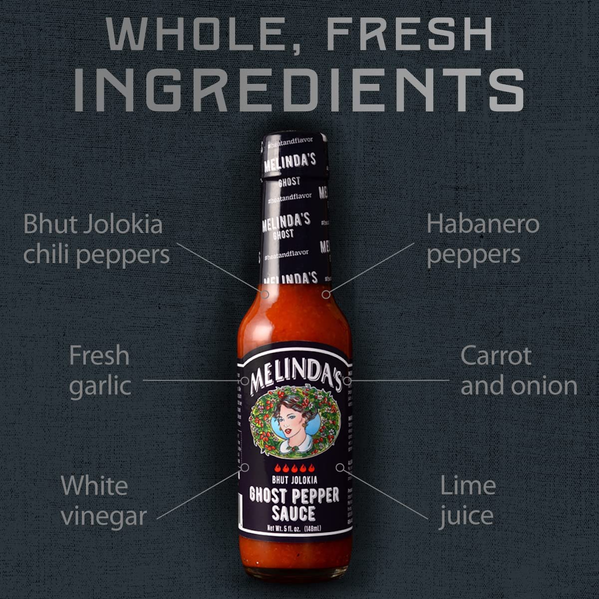 Melindas Ghost Pepper Hot Sauce - Gourmet Extra Spicy Hot Sauce - Made With Fresh Ingredients, Ghost Peppers (Bhut Jolokia), Hab