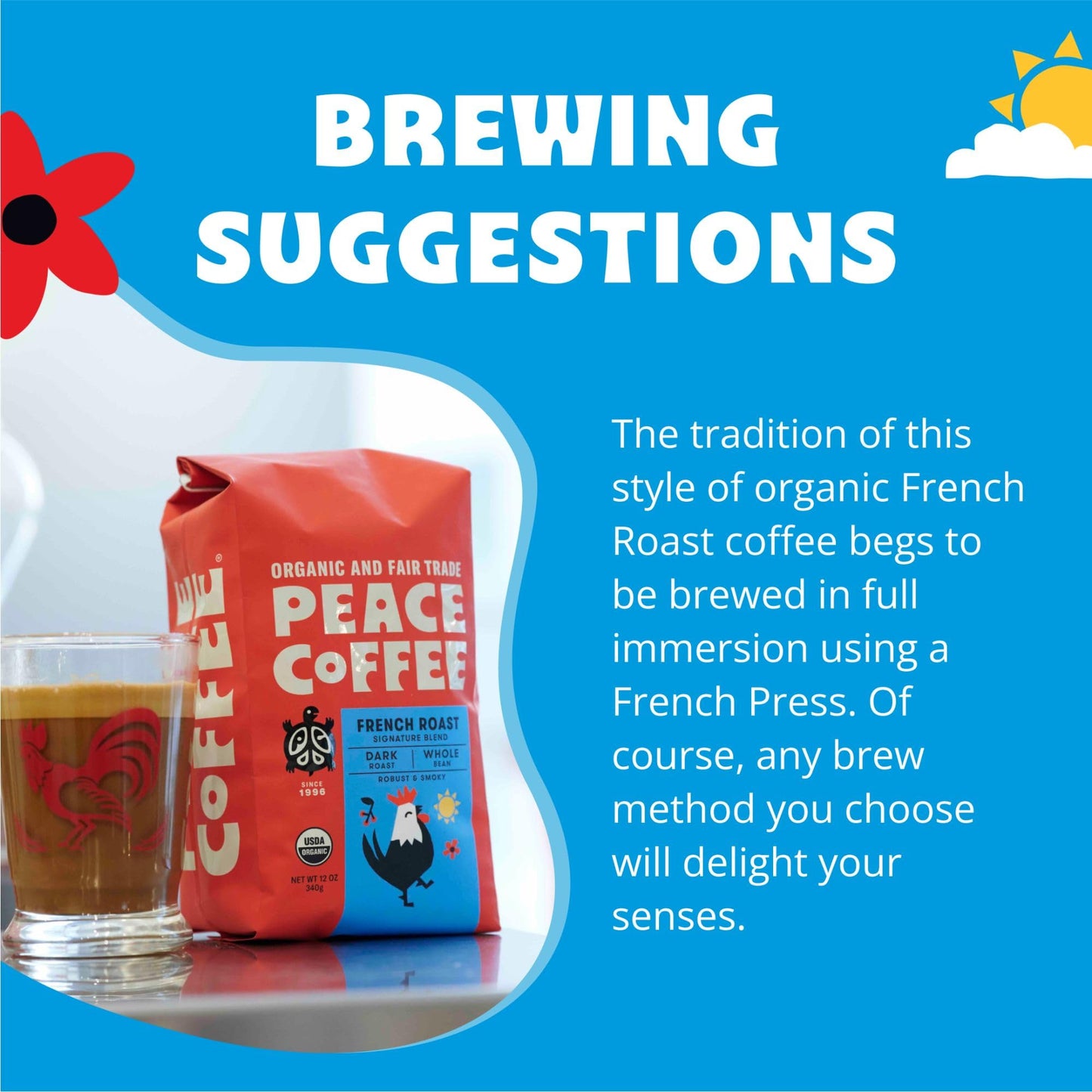 Peace Coffee French Roast (Peru Origin), Organic Fair Trade Dark Roast Coffee, Whole Bean 20 Oz. Bag