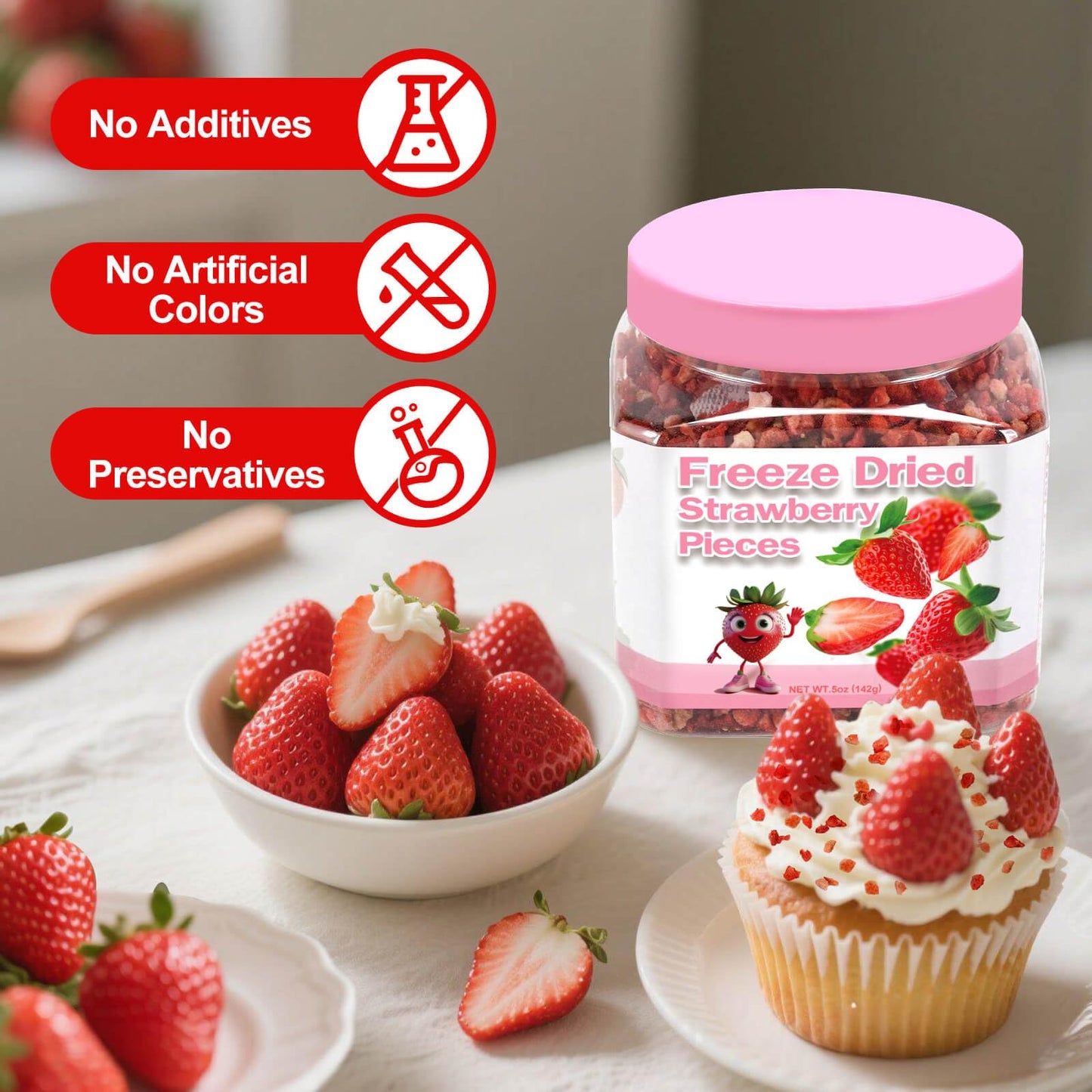 EquSym Freeze Dried Strawberry Pieces – Crunchy Fruit Snack for Yogurt, Cereal, Smoothies – 5oz/142g