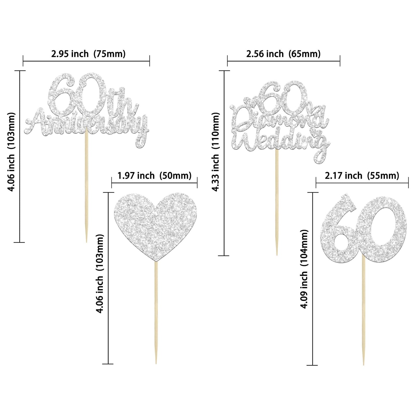 Gyufise 24Pcs 60Th Wedding Anniversary Cupcake Toppers Silver Glitter 60Th Diamond Wedding Anniversary Heart Cake Decoration For