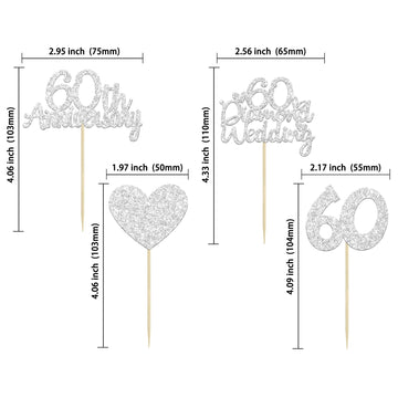 Gyufise 24Pcs 60Th Wedding Anniversary Cupcake Toppers Silver Glitter 60Th Diamond Wedding Anniversary Heart Cake Decoration For