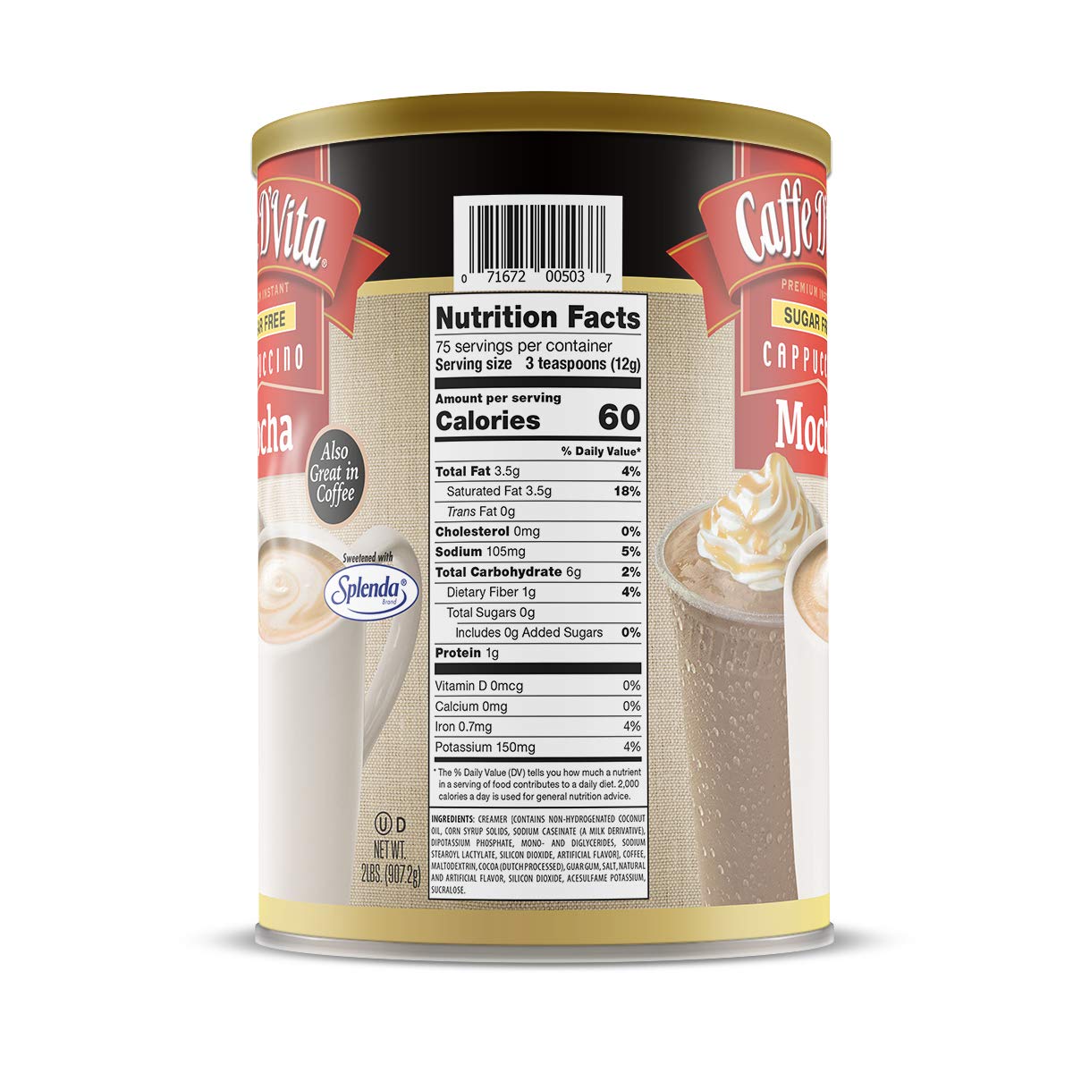 Caffe DVita Sugar Free Mocha Cappuccino Mix, Gluten Free, 32 oz Can