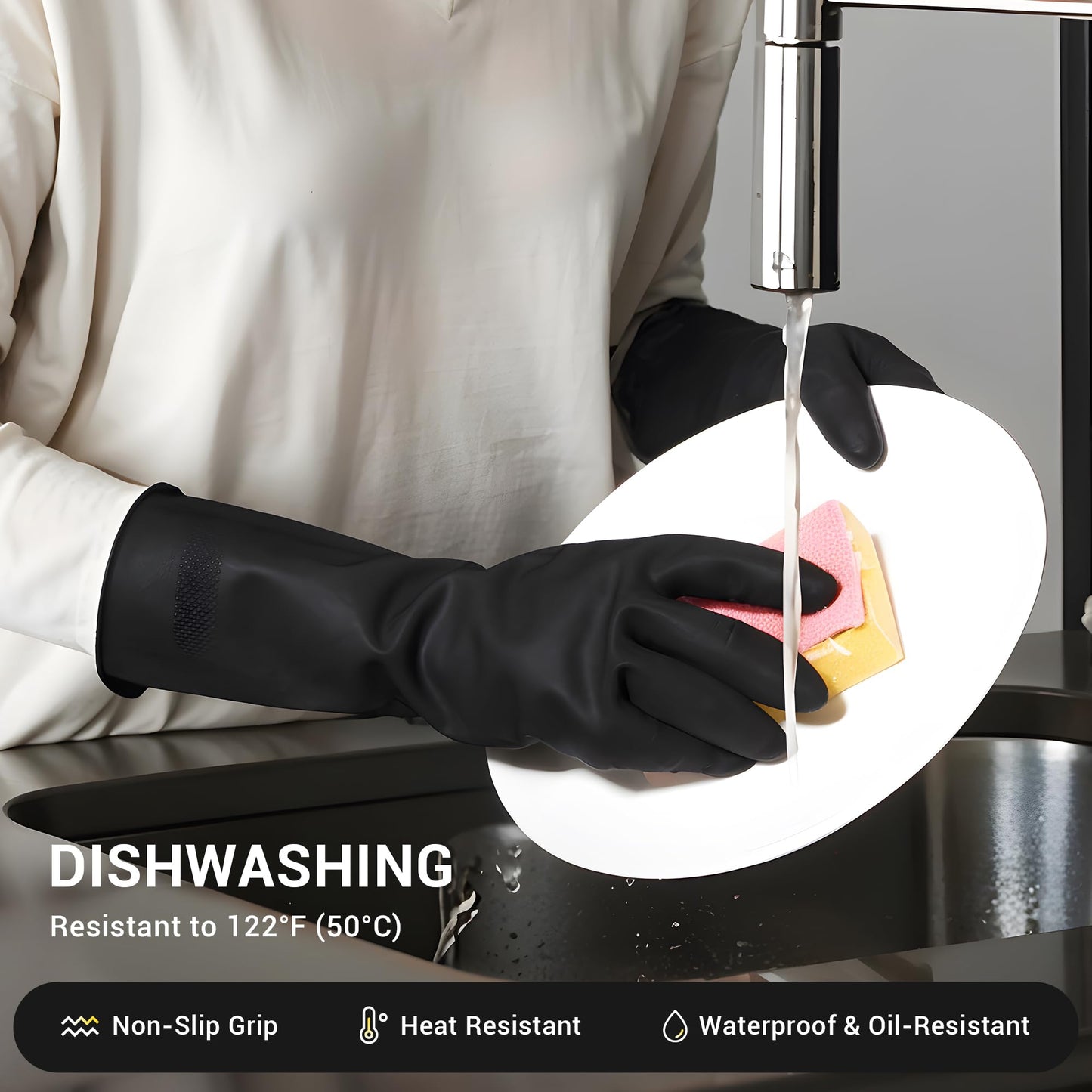 Thxtoms Dishwashing Gloves, 3 Pairs Reusable Latex Cleaning Gloves For Housework, Kitchen, Bathroom, Extra Large, Black
