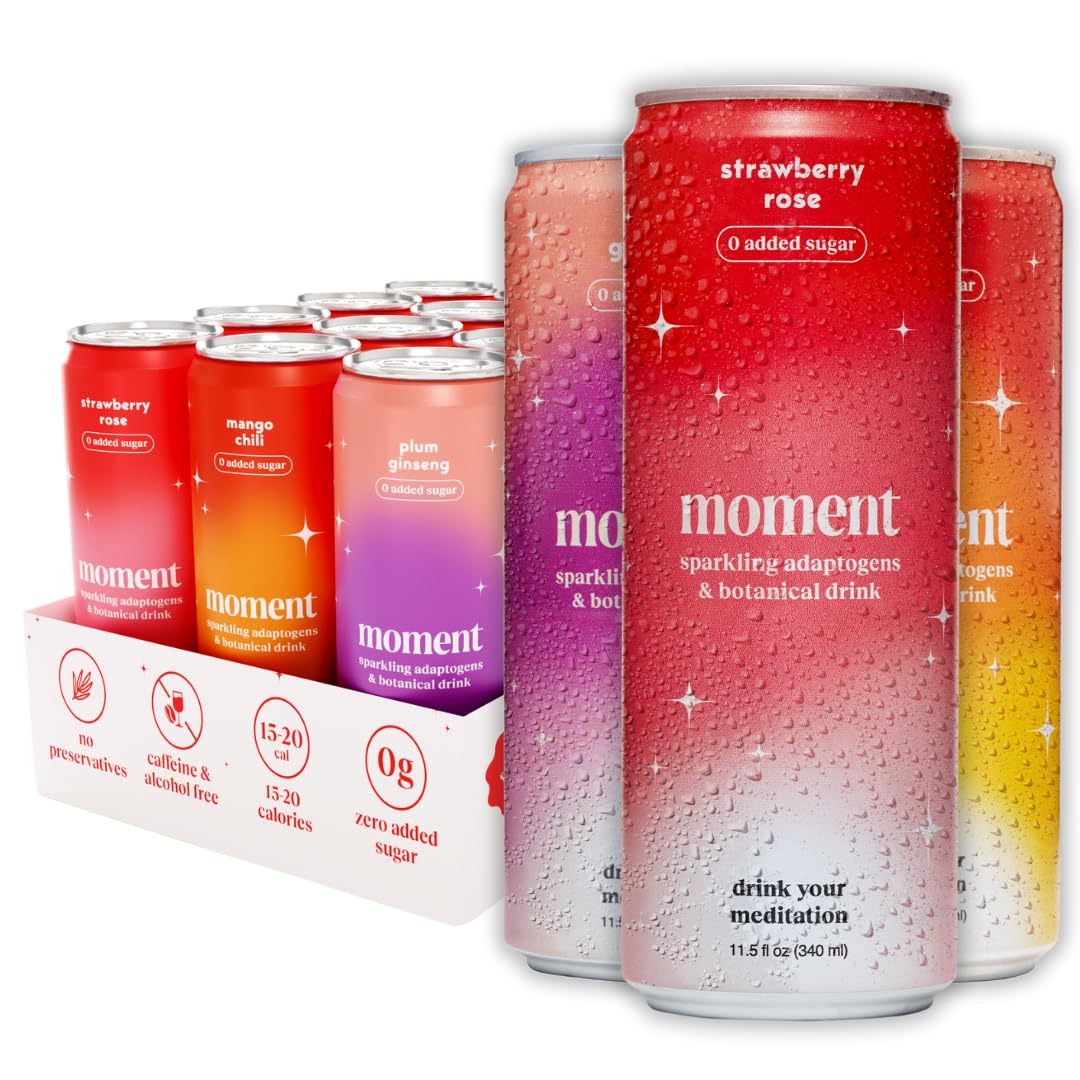 Moment Adaptogen Drink (Shark Tank) - SPARKLING Fruity Fun | Strawberry Rose  Mango Chilli  Plum Ginseng | L-Theanine & Ashwagandha for Calm & Clarity | 0 Added Sugar  0 fermented-style flavor | 12-pack