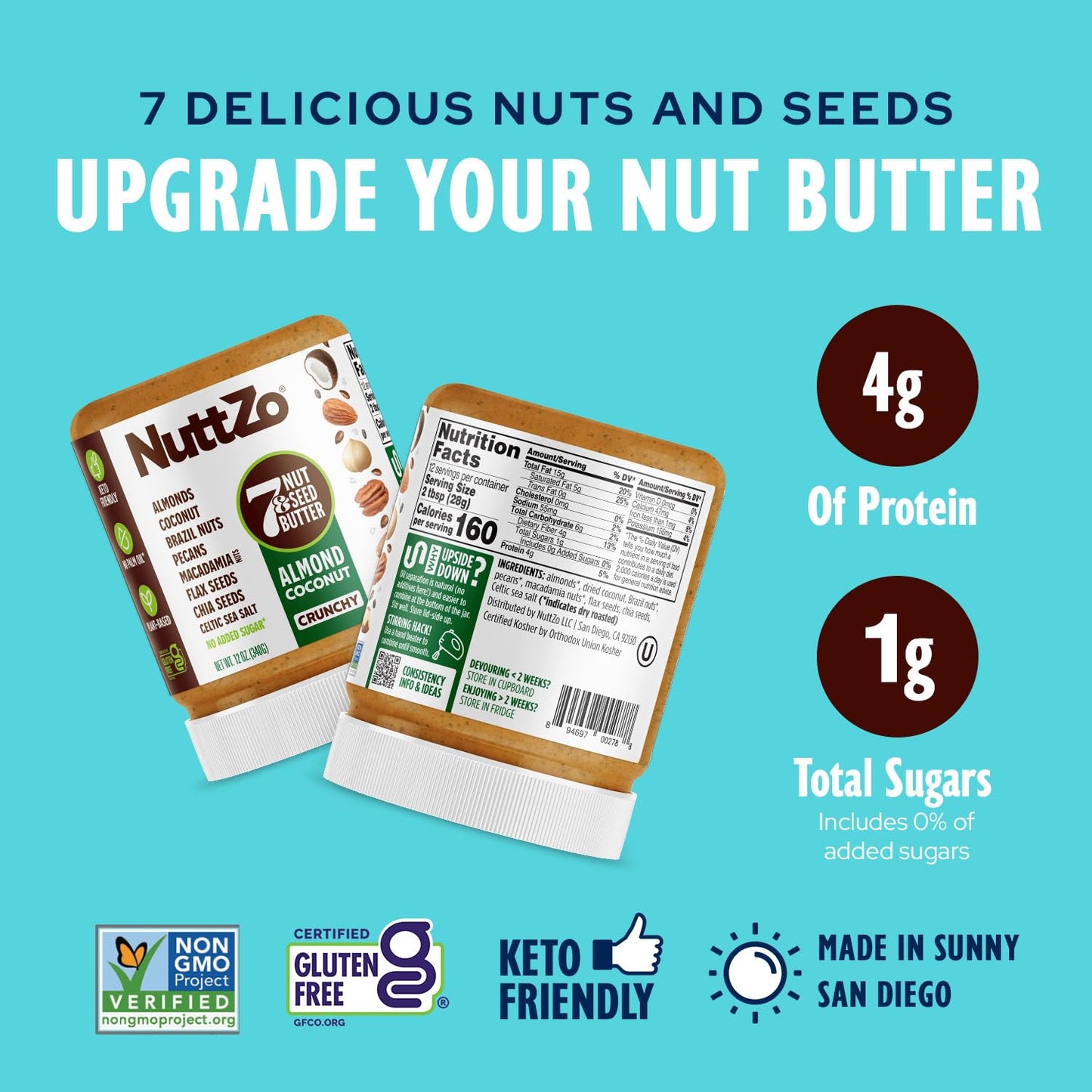 Keto Nut Butter by NuttZo | 7 Nuts & Seeds Blend, Keto-Friendly, Gluten-Free, Vegan, Kosher | 1g Sugar, 4g Protein, 2g Net Carbs