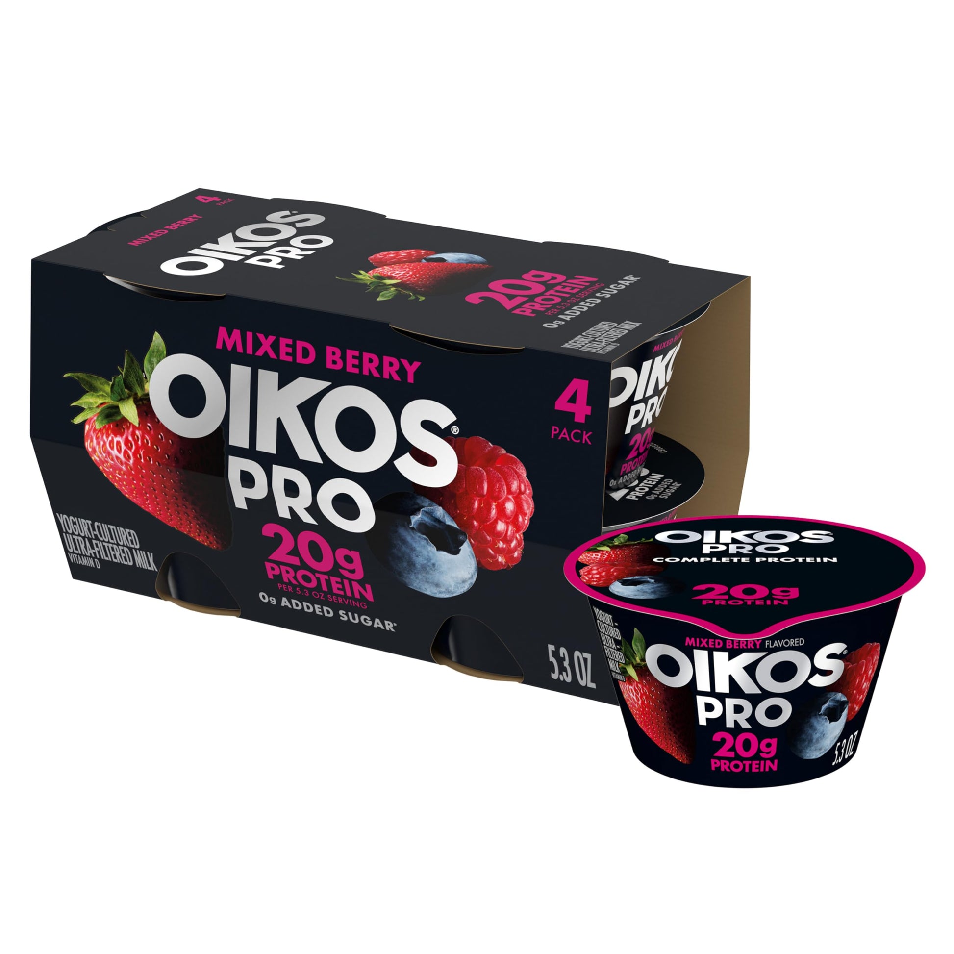 Oikos Pro Mixed Berry Yogurt-Cultured Ultra-Filtered Milk Product Pack, 20 Grams of Protein, 0g Added Sugar, Just Delicious High