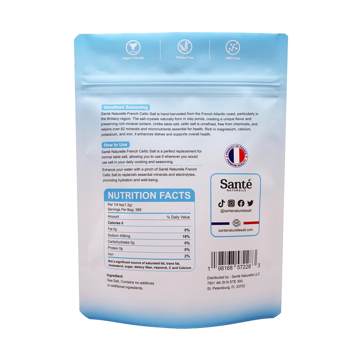 Sante Naturelle Celtic Salt Fine Ground Sea Salt - Organic, Unrefined, Rich in Minerals - 18 Ounce (1.1lb)