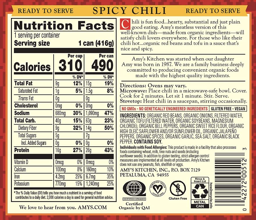 Amy'S, Chili, Gluten Free, Vegetarian, Organic, Spicy, Jalapeño Pepper, 14.7 Oz, Pack Of 6