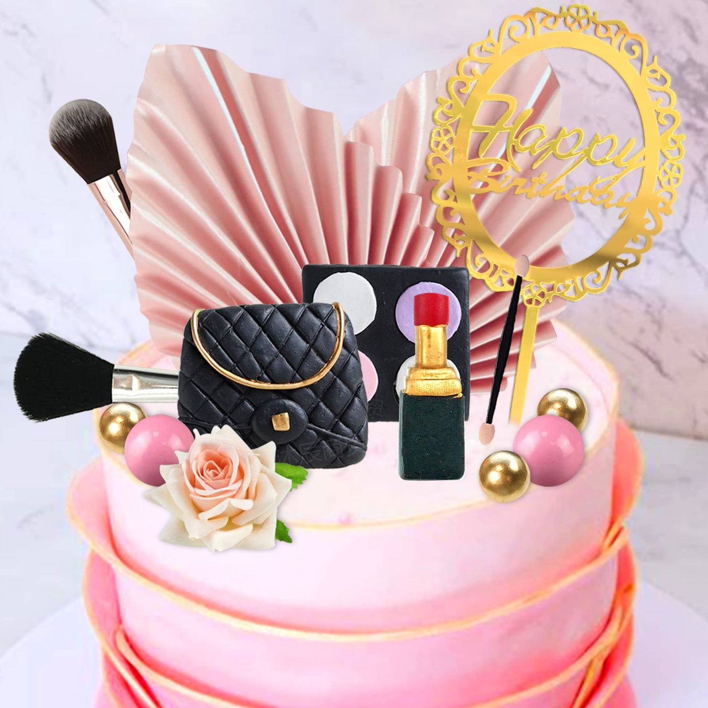 Makeup Cake Topper Cosmetics Artificial Rose Palm Leaves Happy Birthday Cake Toppers Spa Makeup Birthday Party Supplies For Girl