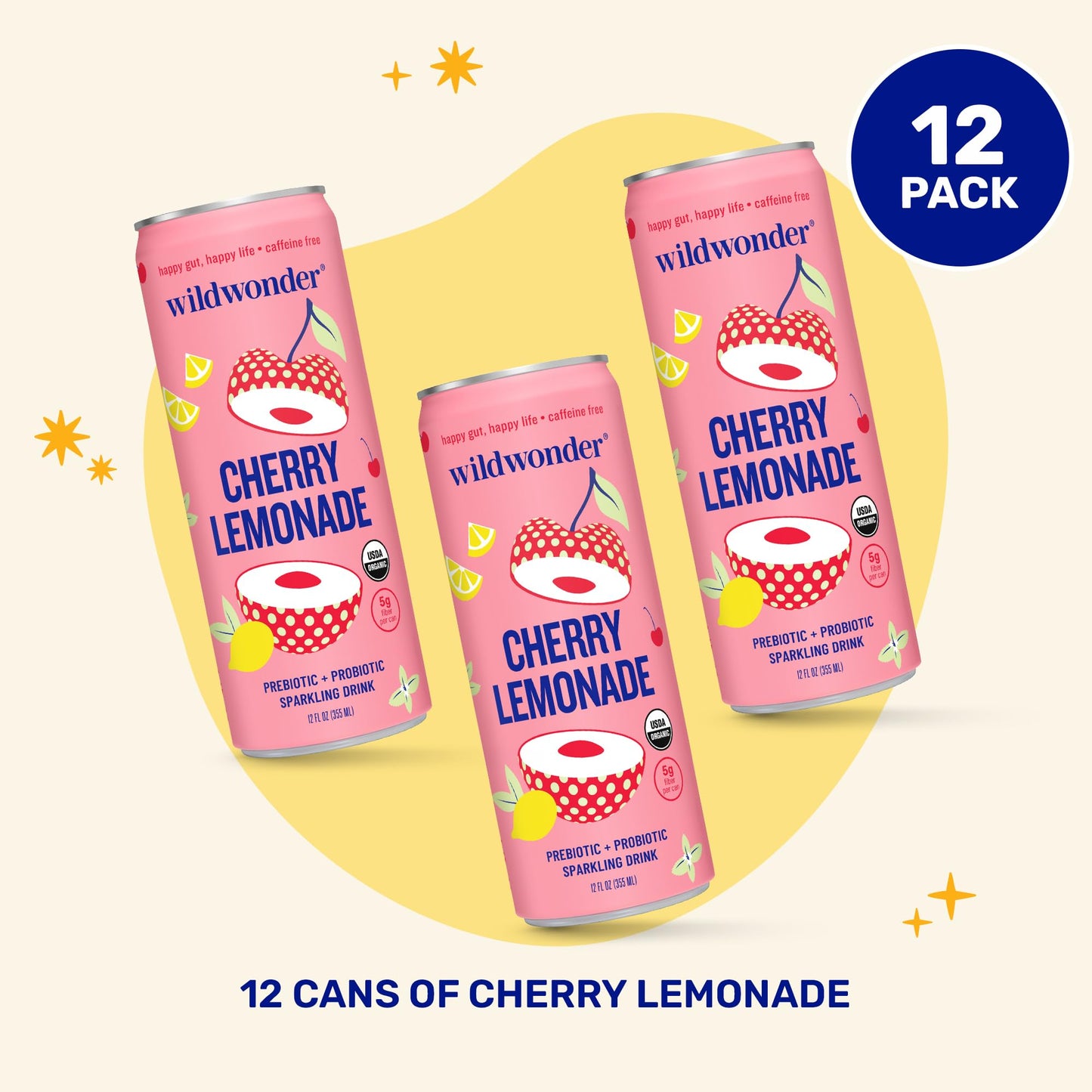 NEW! wildwonder Sparkling Probiotic Drink 12pk  For Gut Health & Immune Support  Cherry Lemonade  5g Prebiotic Fiber  Live Probiotics  Organic  Vegan  Low Sugar  12 Pack  12oz Can  Seen on Shark Tank