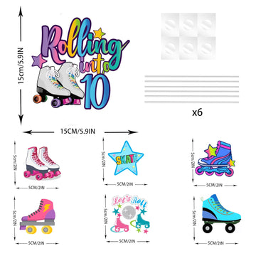 Winpogee 7Pcs Rolling Into 10 Theme Cake Toppers Sets Roller Skate Happy 10Th Birthday Themed Set Cake Decoration Girls Club Rol