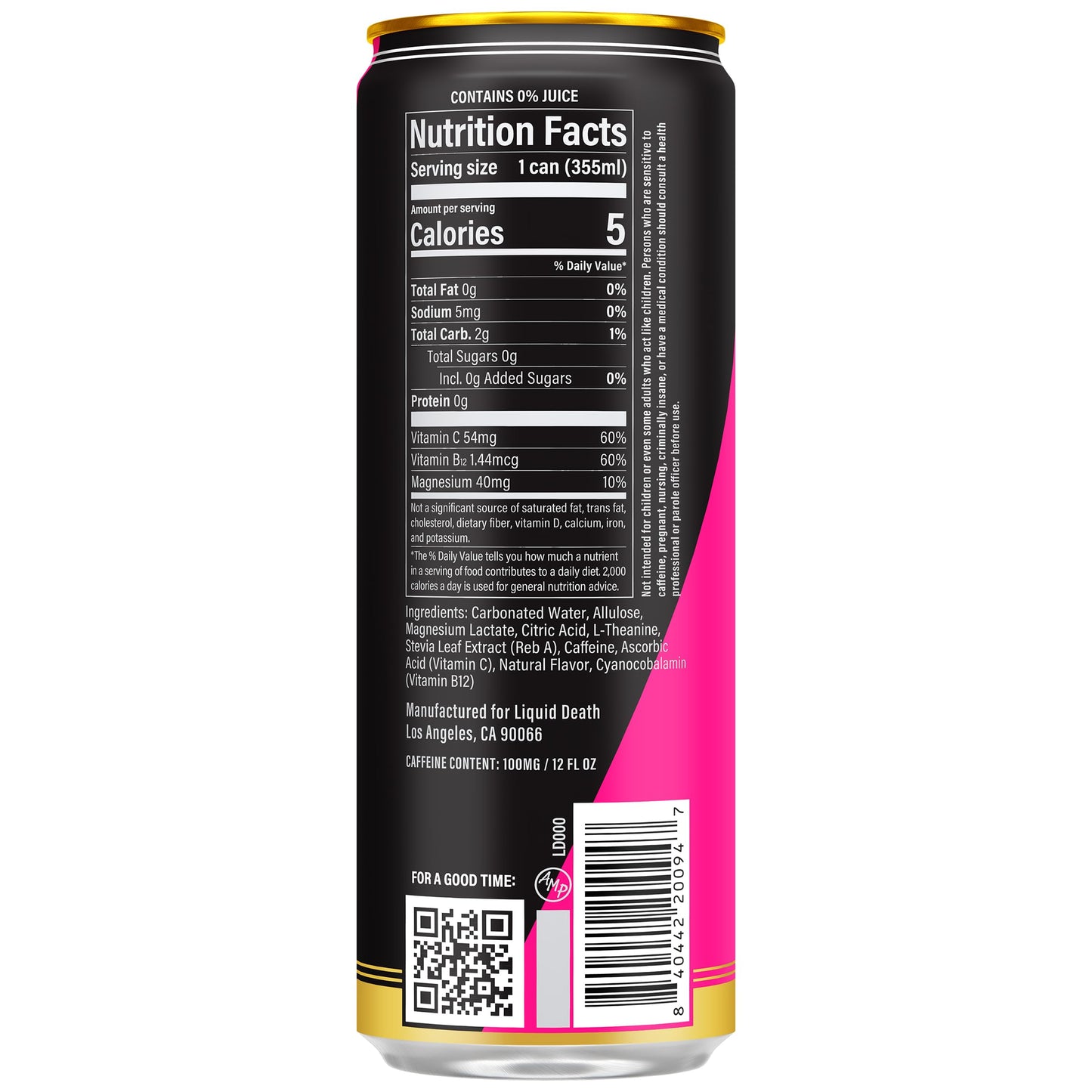 Liquid Death Sparkling Energy - Scary Strawberry (Strawberry and Lemon Flavor)  Sugar-Free Energy Drink  Unextreme Caffeine 100mg  Essential Vitamins  12 Fl Oz (Pack of 12)