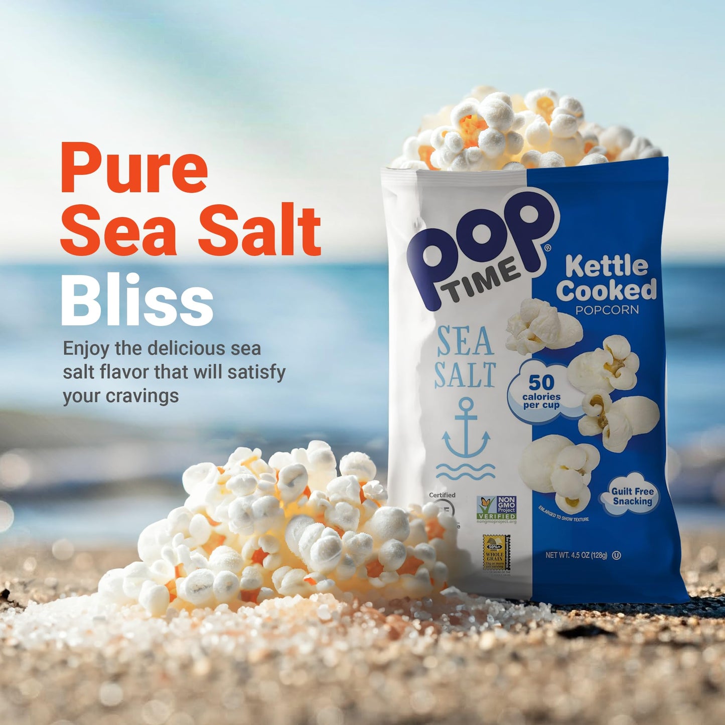 Poptime Sea Salt Popcorn Bags Individual Servings - Gourmet Popcorn Individual Bags, Healthy Snack Popped With Heart-Healthy Avo