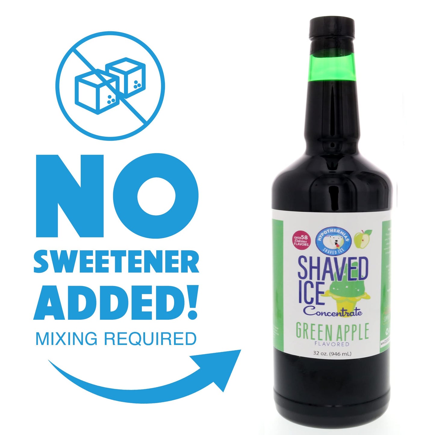 Hypothermias Shaved Ice Syrup Concentrate - Green Apple - Quart (32 Fl Oz) - Makes 8 Gallons - Unsweetened, Must Add Sweetener and Water