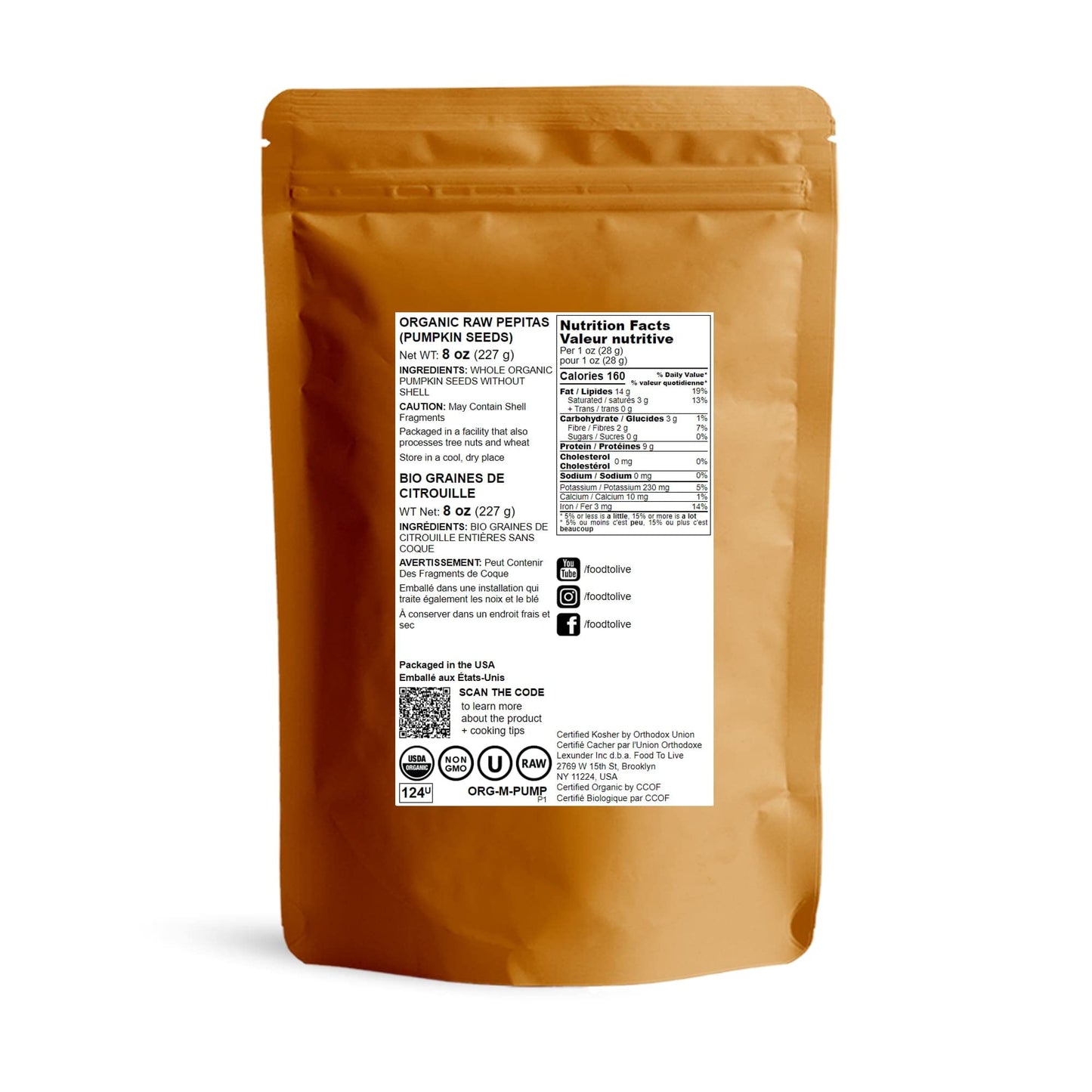 Food To Live Organic Raw Pepitas, 8 Ounces — Non-Gmo, Pumpkin Seed Kernels, Unsalted, No Oil, No Shell, Vegan, Kosher, Bulk. Keto Snack.